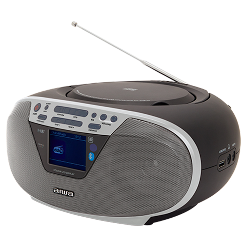 Czarny boombox Aiwa z odtwarzaczem CD i wyświetlaczem radia cyfrowego.
