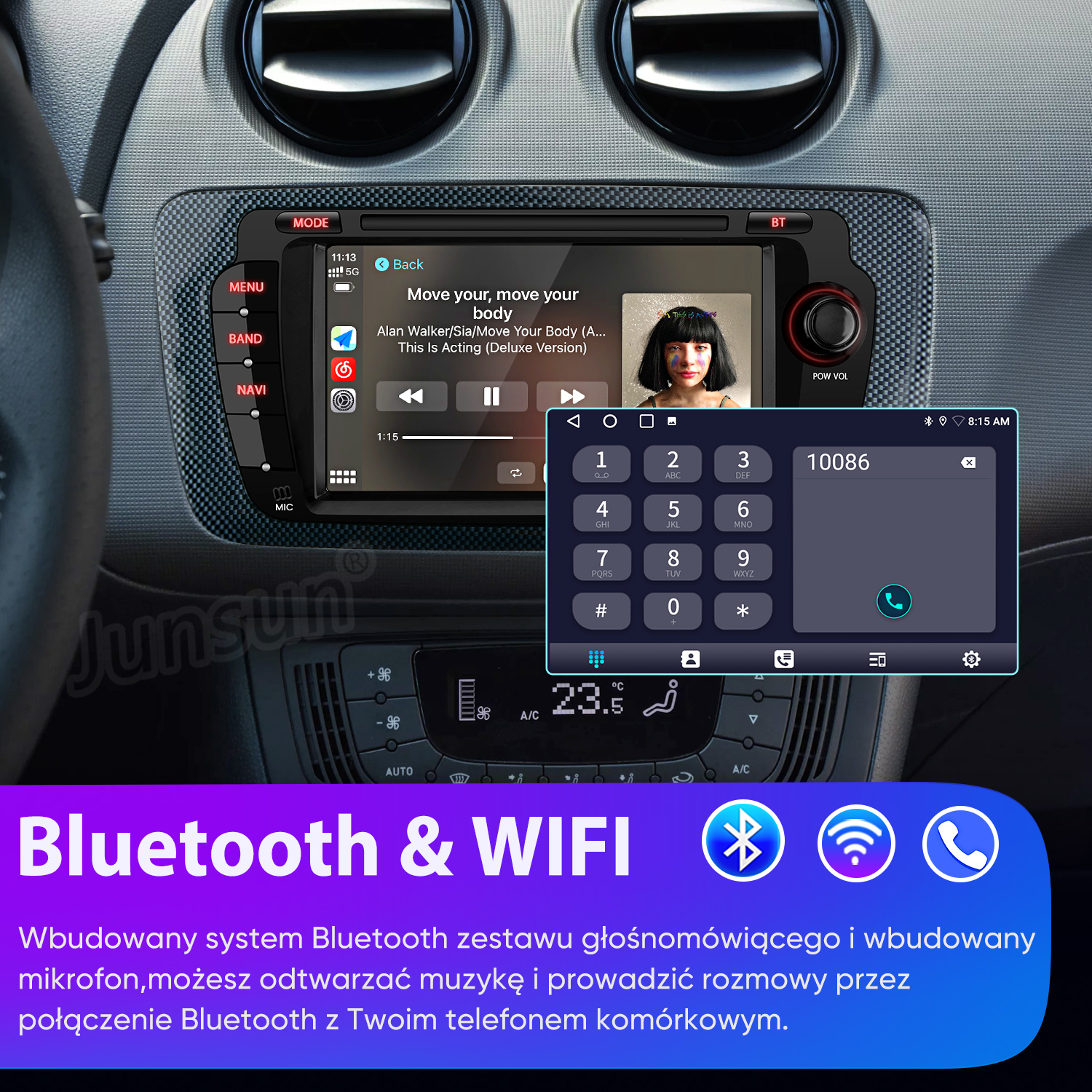 Wnętrze samochodu z ekranem dotykowym pokazującym muzykę i telefon. Ikony Bluetooth i WiFi.
