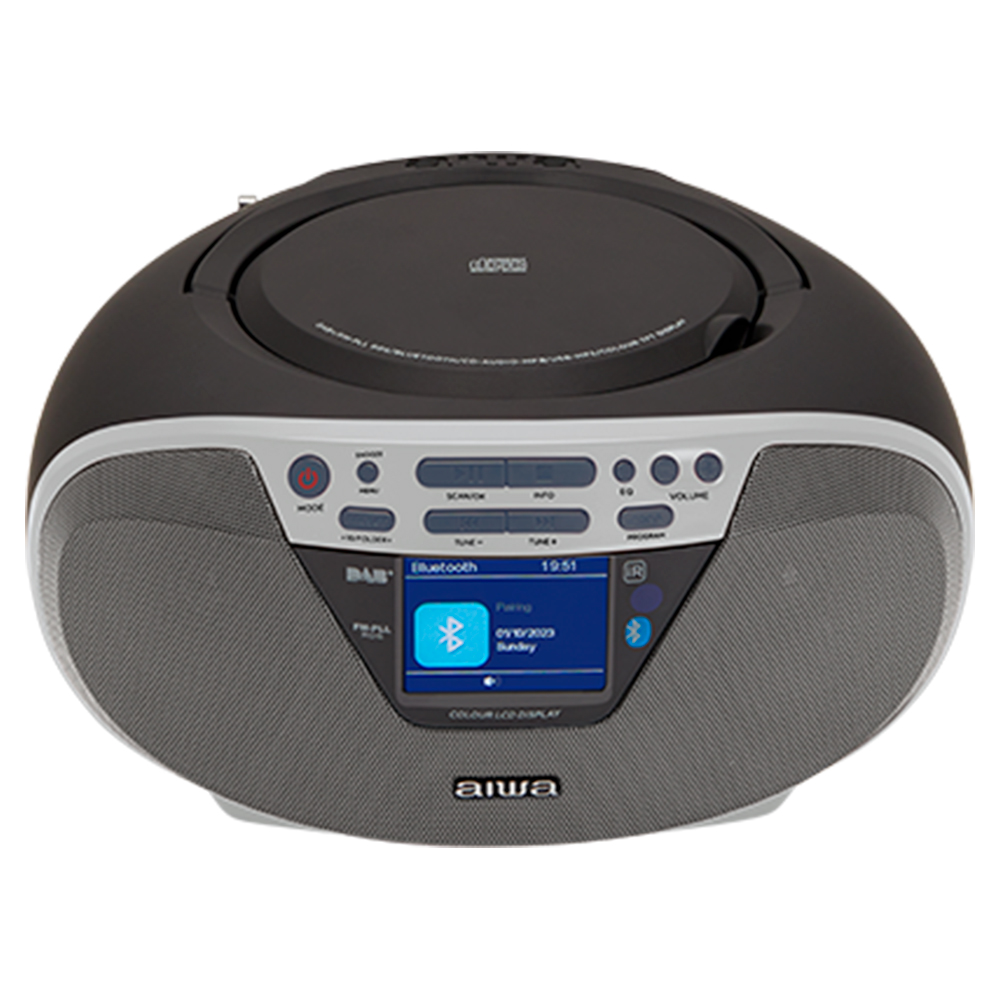 Szaro-czarny odtwarzacz CD Aiwa z kolorowym ekranem LCD pokazującym parowanie Bluetooth.
