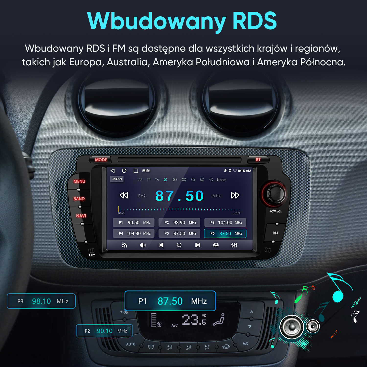 Radio samochodowe z RDS wyświetlające 87.50 MHz i stacje zaprogramowane.