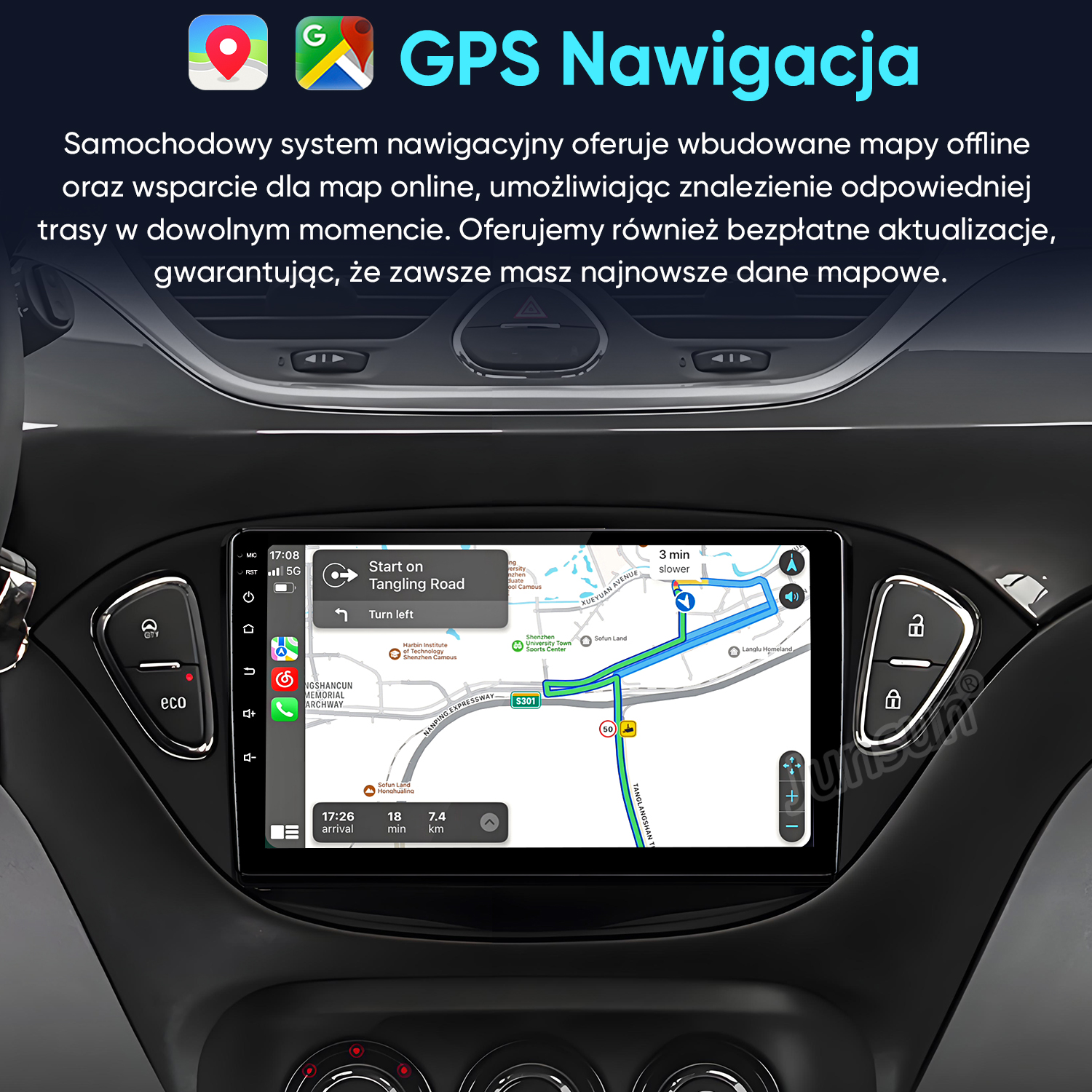Samochodowy system nawigacyjny wyświetla mapę z planowaniem trasy.