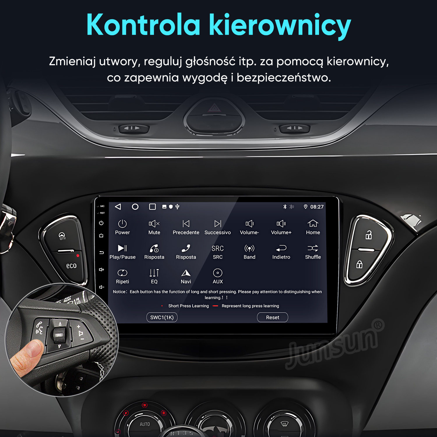 System multimedialny samochodu z przyciskami na kierownicy i opcjami menu.