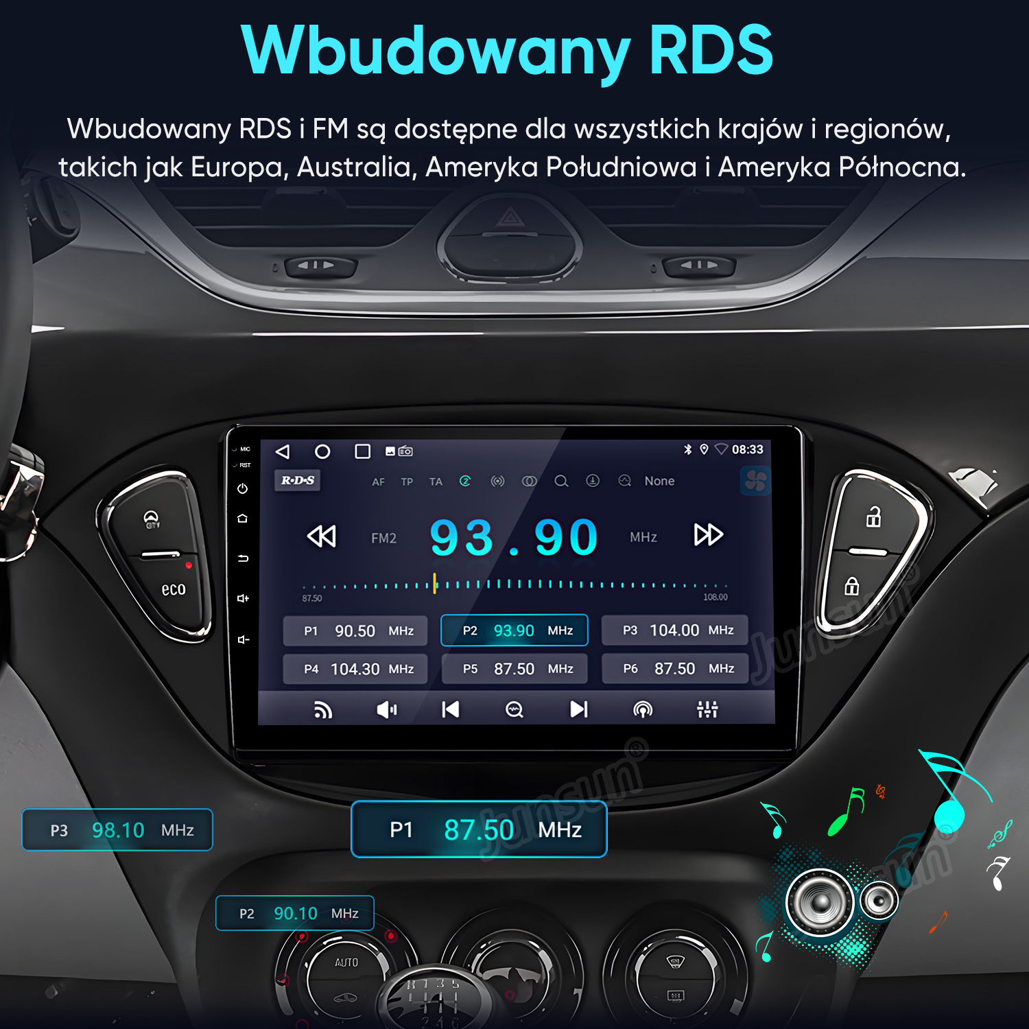 Deska rozdzielcza samochodu z cyfrowym radiem pokazującym 93.90 MHz.