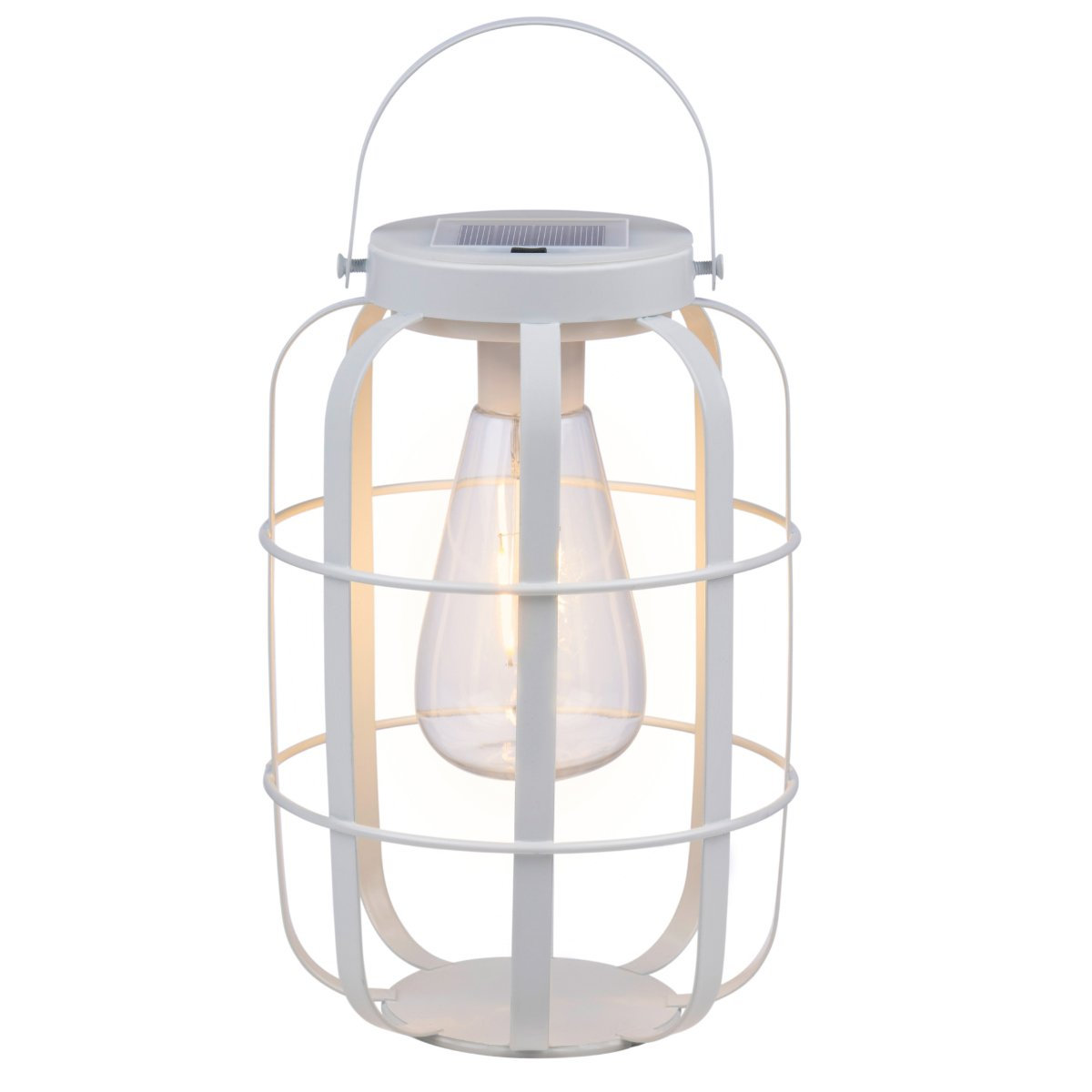 Witte lantaarn met gloeilamp, zonnepaneel en handvat. Witte metalen kooi.