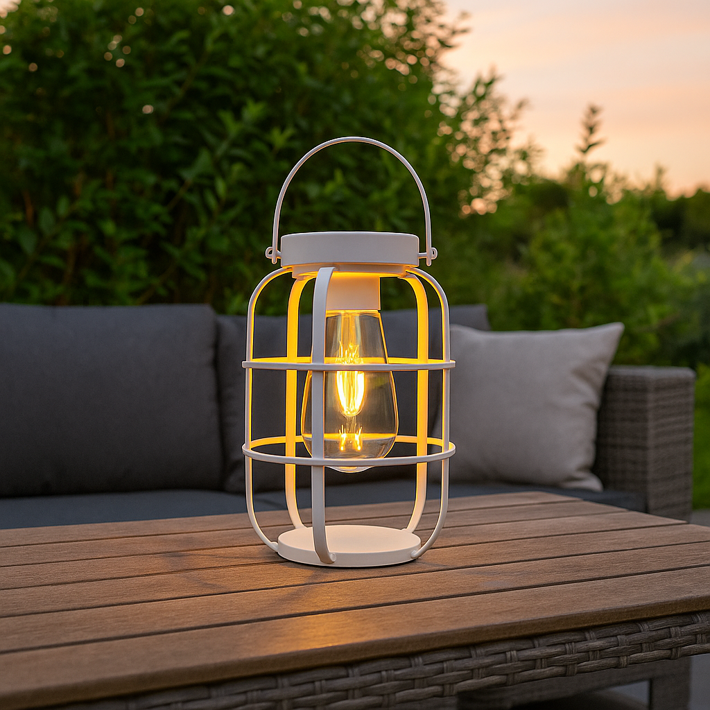 Een witte lantaarn met gloeilamp staat buiten op een houten tafel in de schemering.