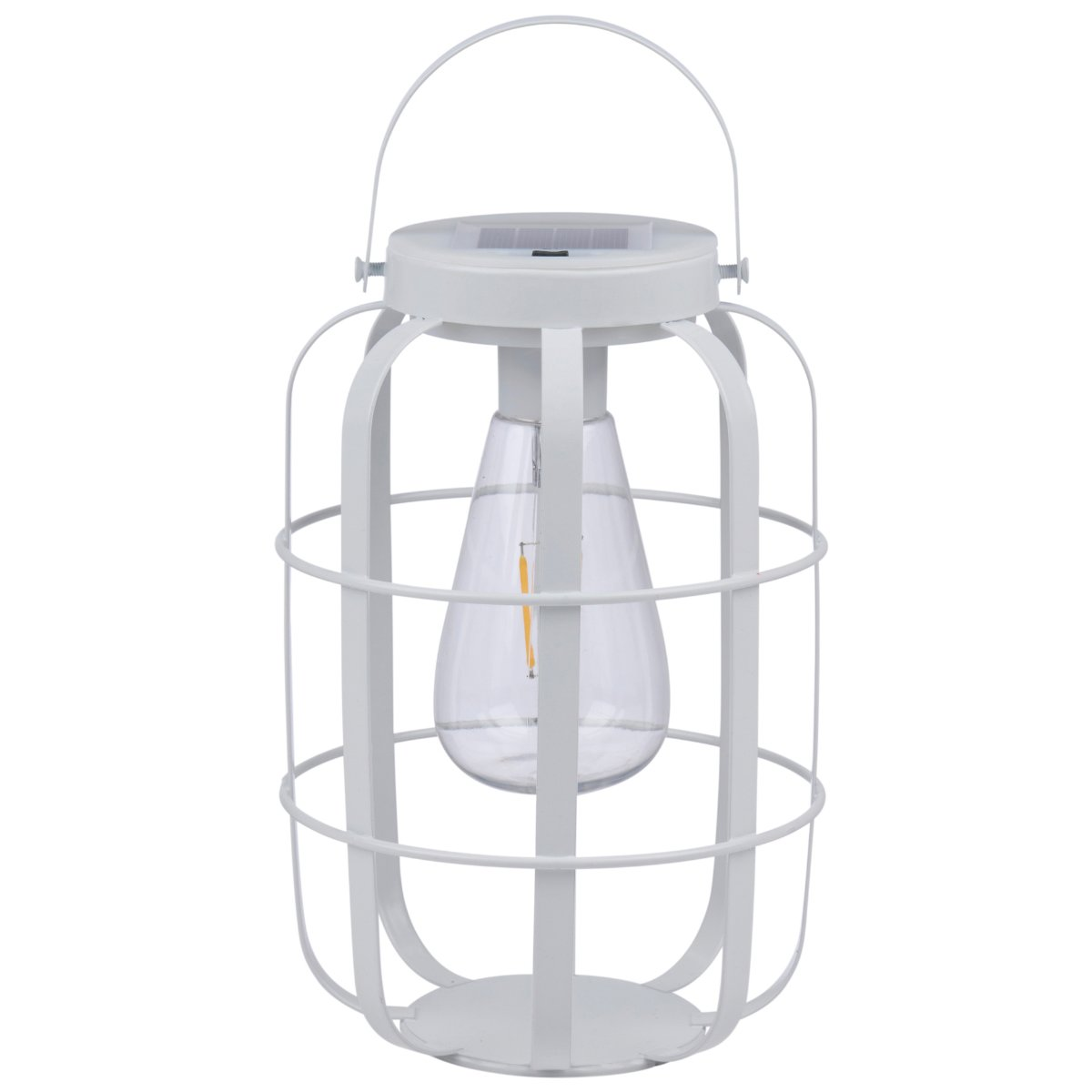 Witte lantaarn met lamp en zonnepaneel op witte achtergrond.