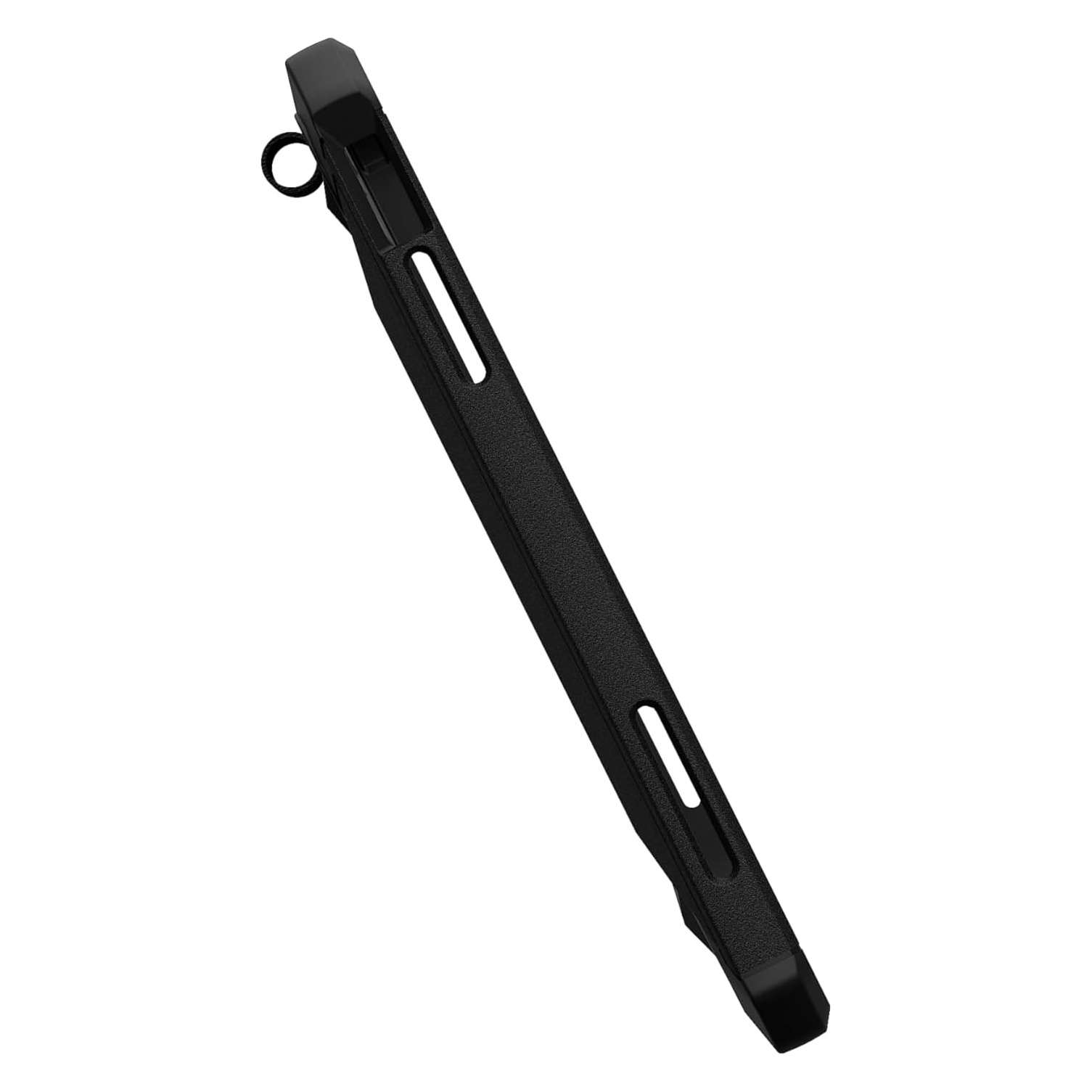 Czarne etui na telefon z pętelką i wycięciami, na białym tle.