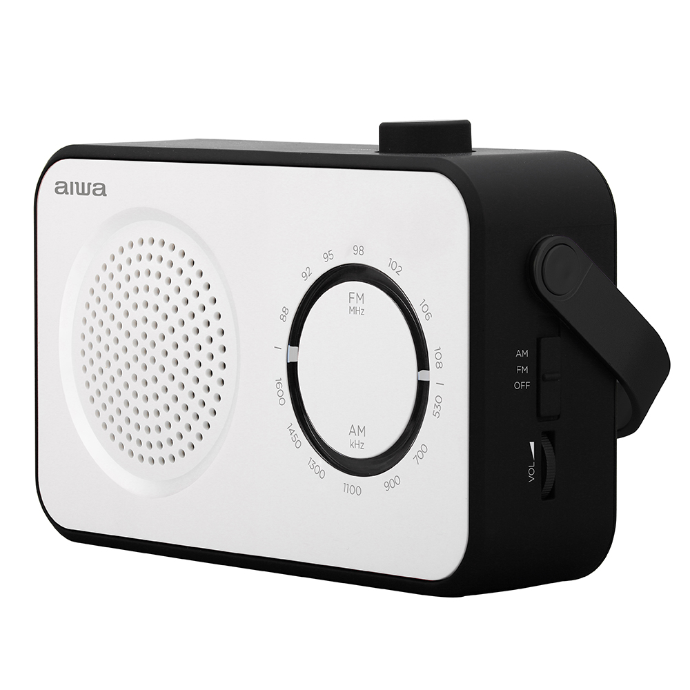 Ein tragbares Aiwa Radio in Schwarz und Weiß mit FM/AM-Skala und Lautstärkeregler.