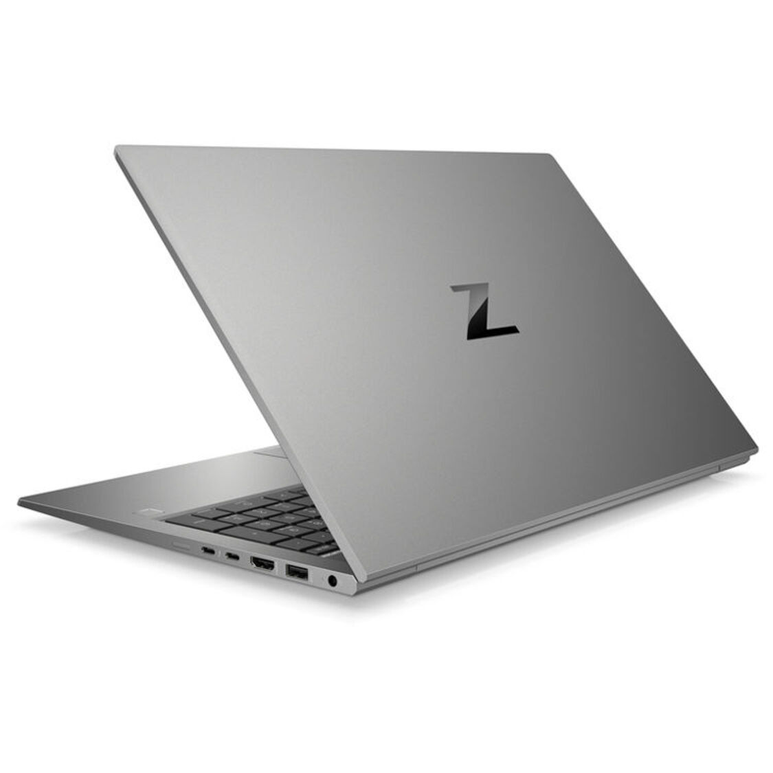 Srebrny laptop z otwartą pokrywą, logo Z z tyłu.