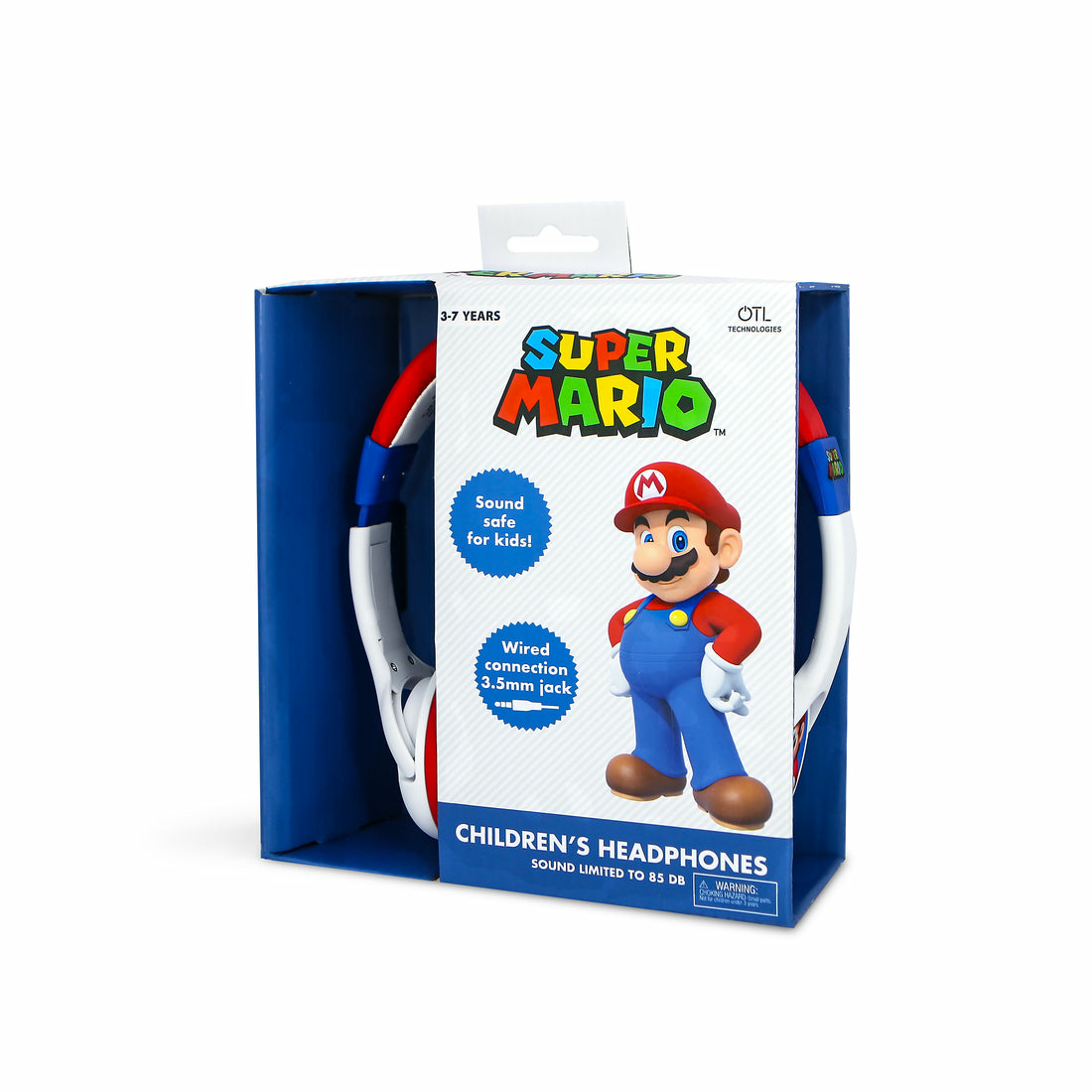 Super Mario children's headphones in packaging with Mario figure.