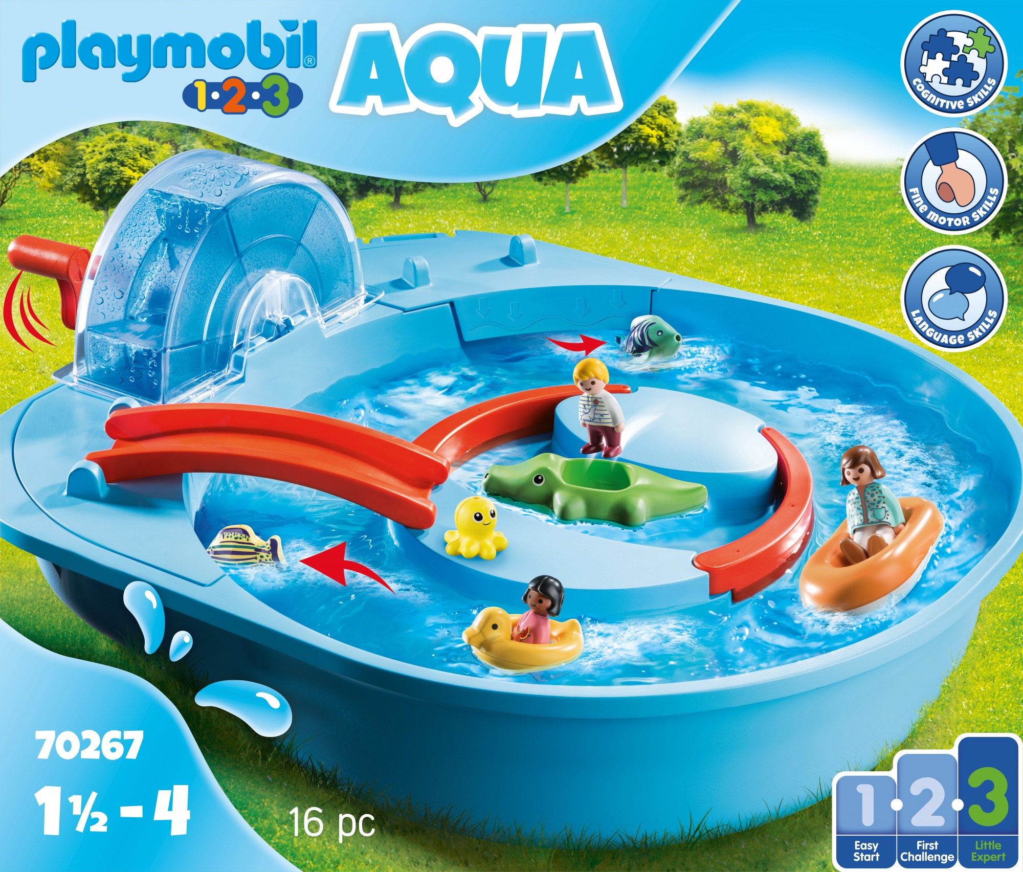 Un set da gioco acquatico blu con figure, animali e scivolo.