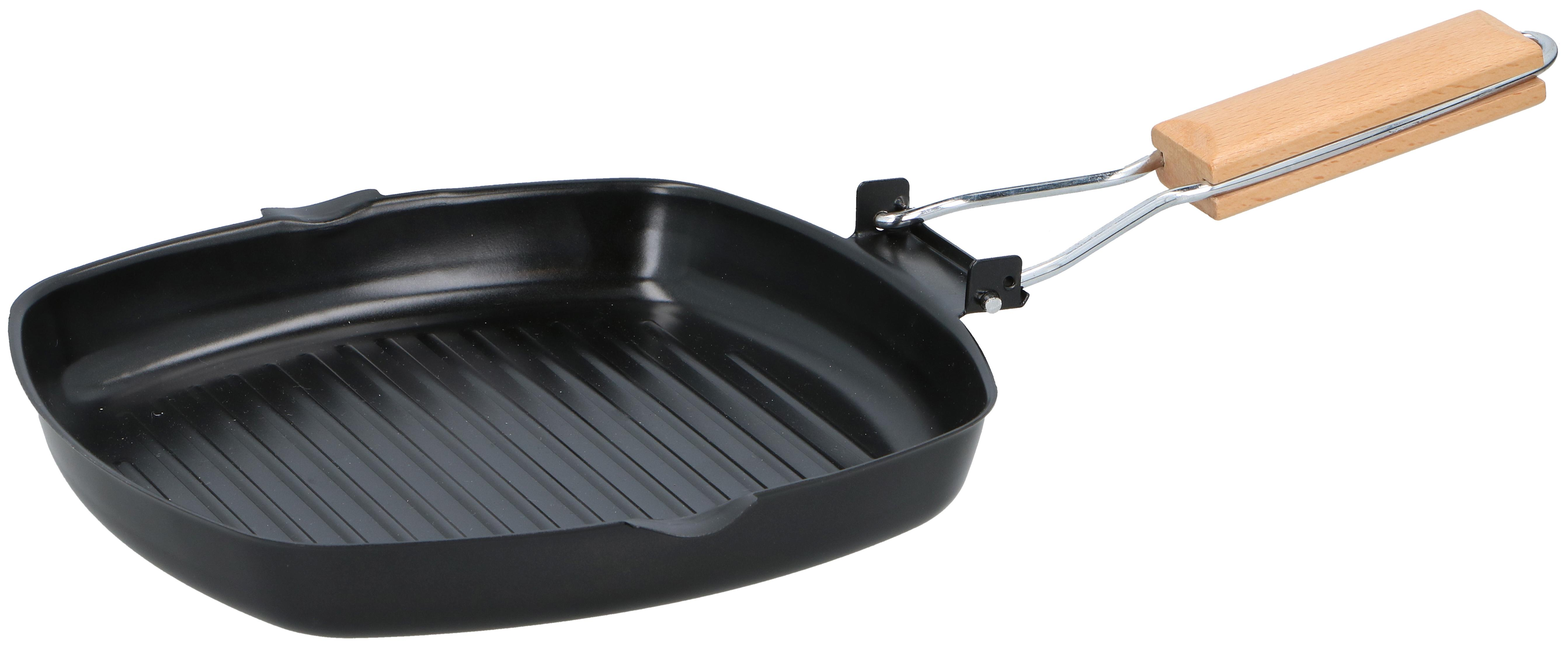 Black grill pan with wooden handle and metal bracket, on a white background.