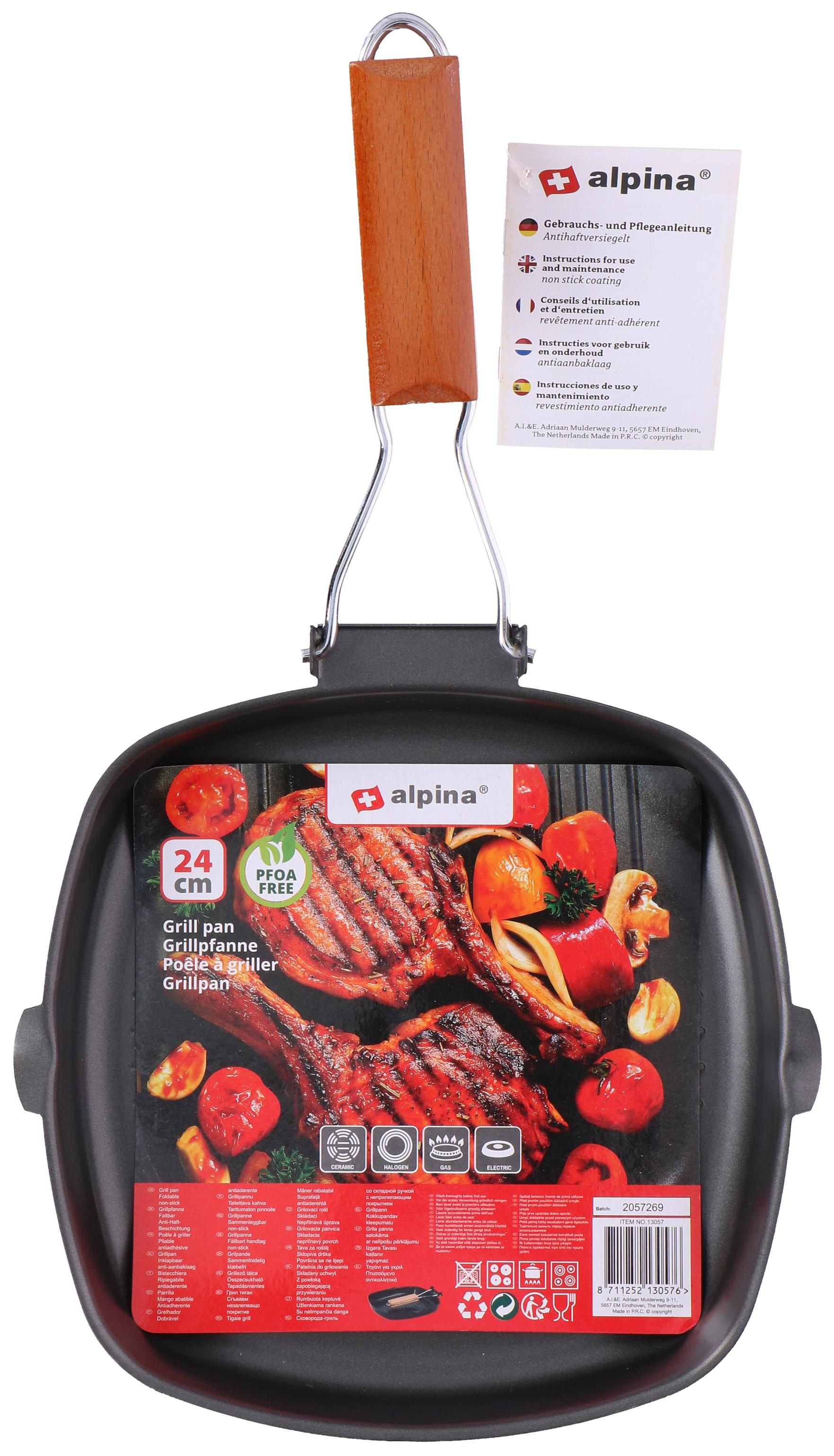 Alpina 24cm grill pan, PFOA-free, with wooden handle and grilled food image.