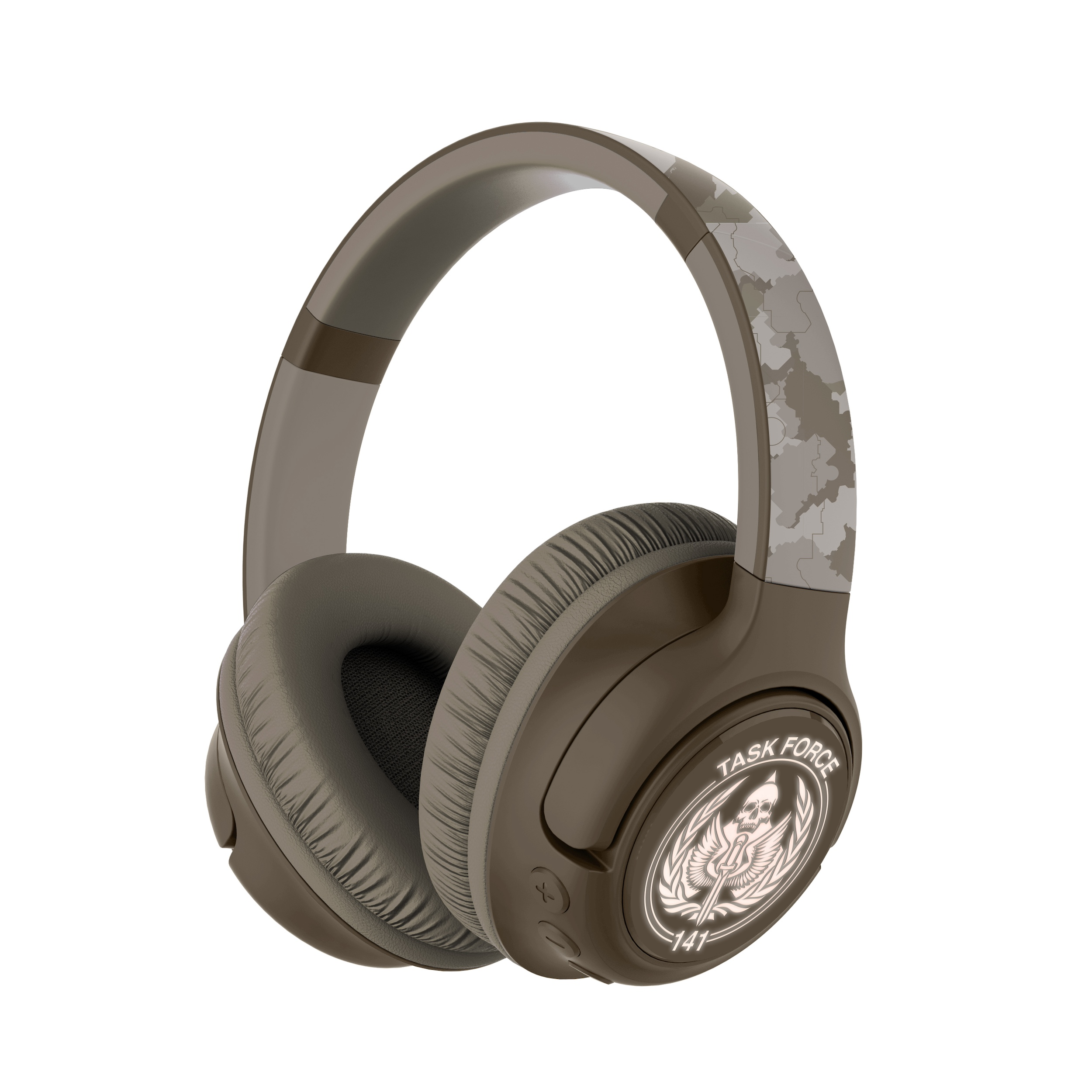 Cuffie marroni con motivo mimetico e logo "Task Force 141".