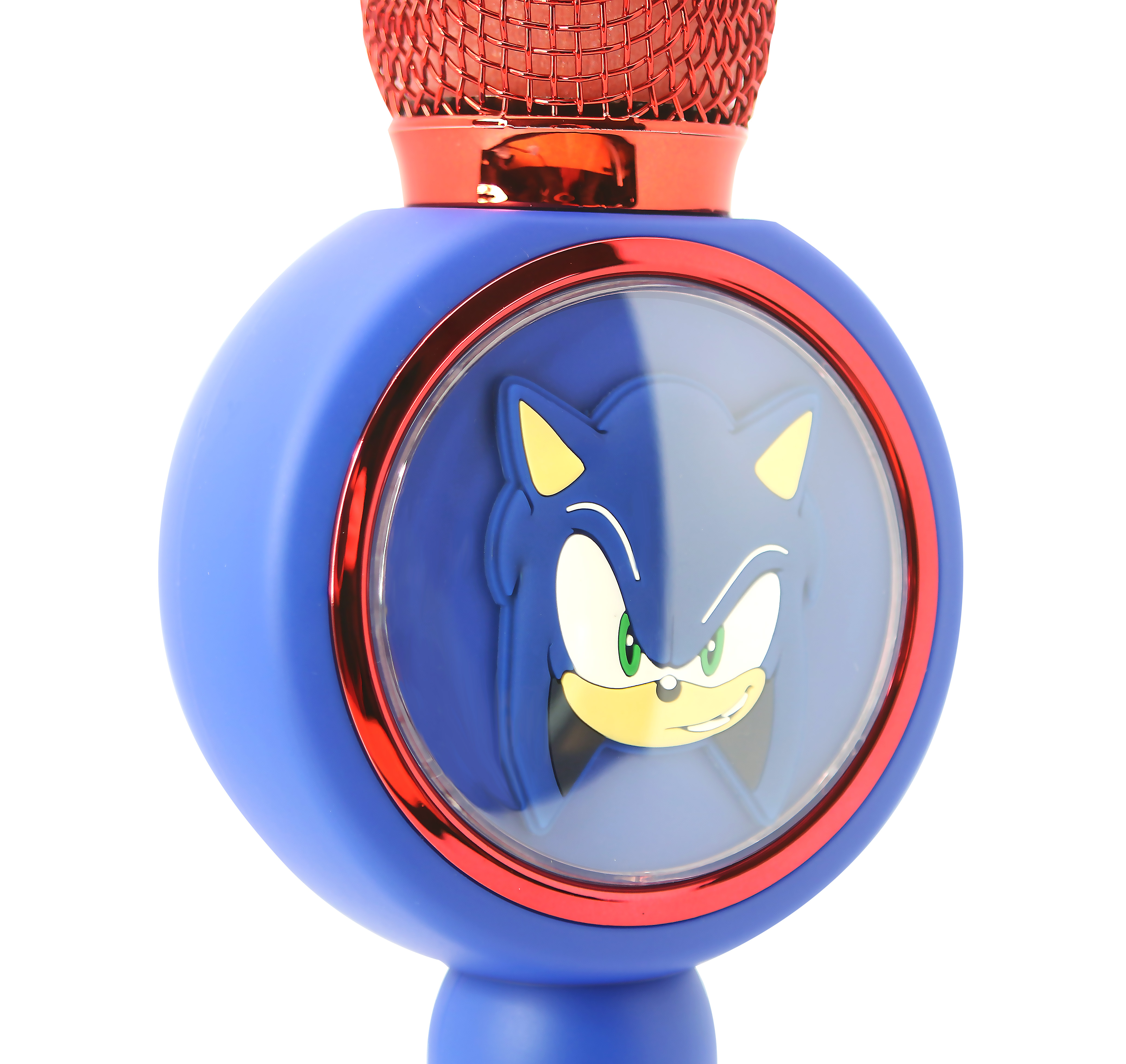 A blue microphone featuring Sonic the Hedgehog design and a red grille.