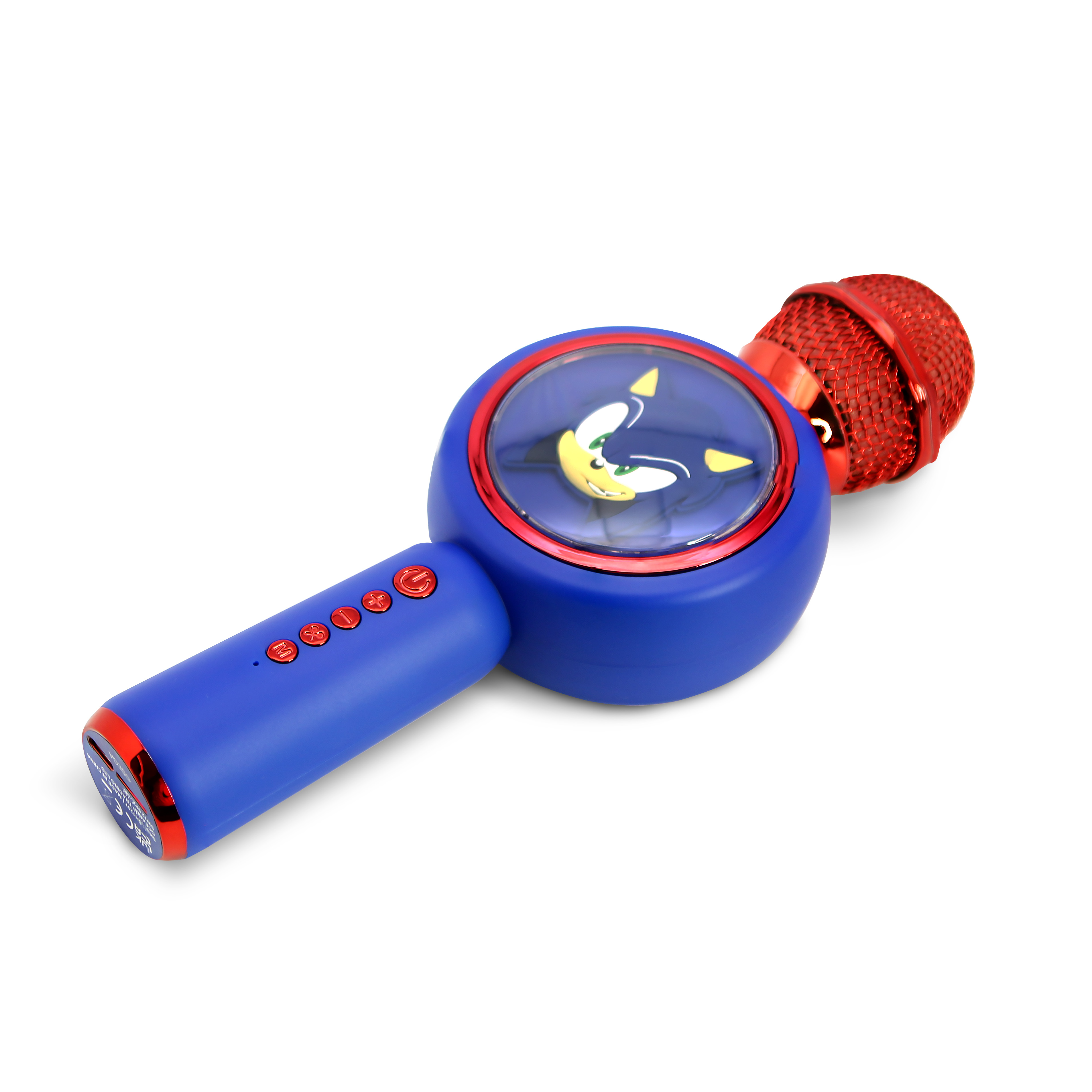 Blue microphone speaker with Sonic image and red grille.