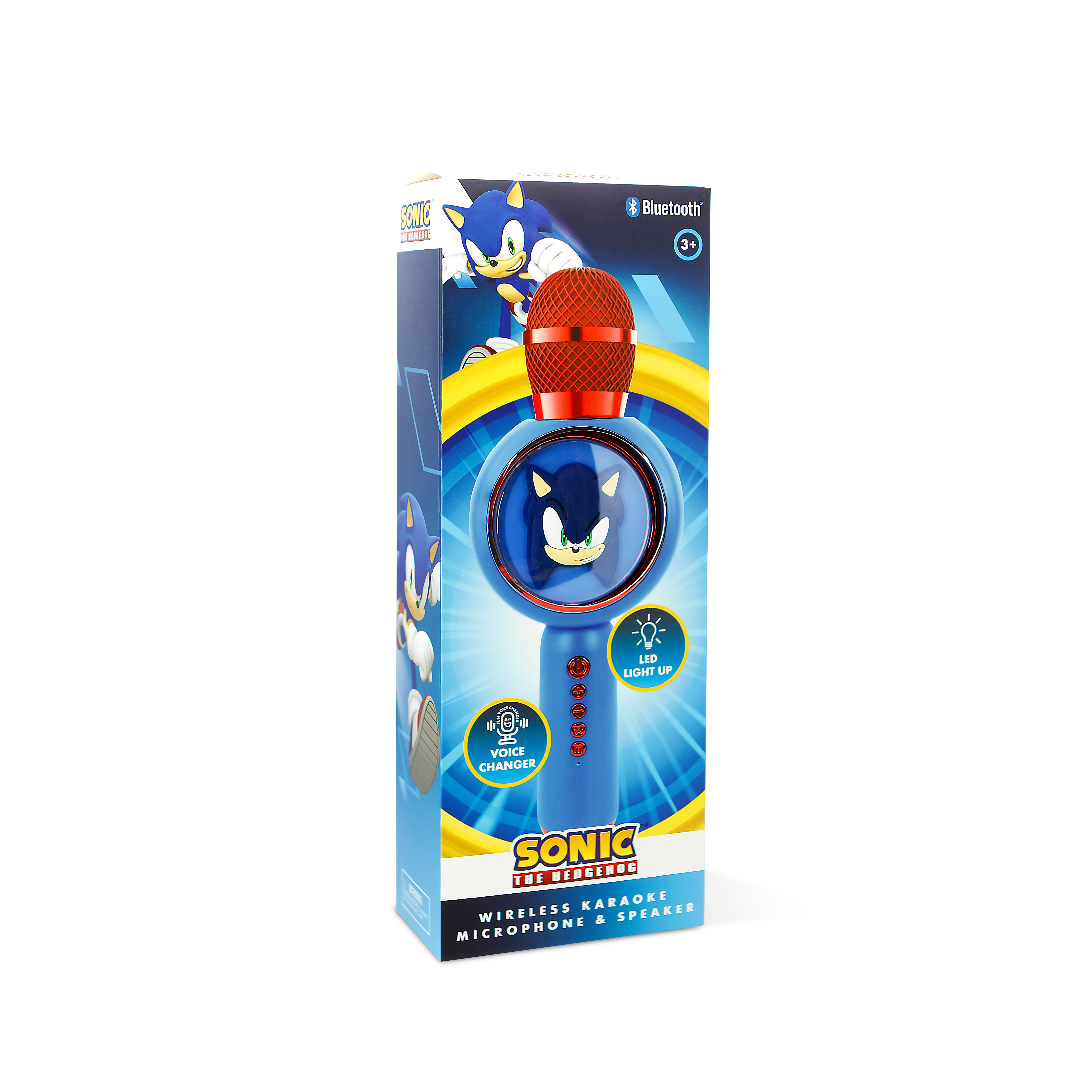 Sonic the Hedgehog karaoke microphone packaging with LED light and voice changer.
