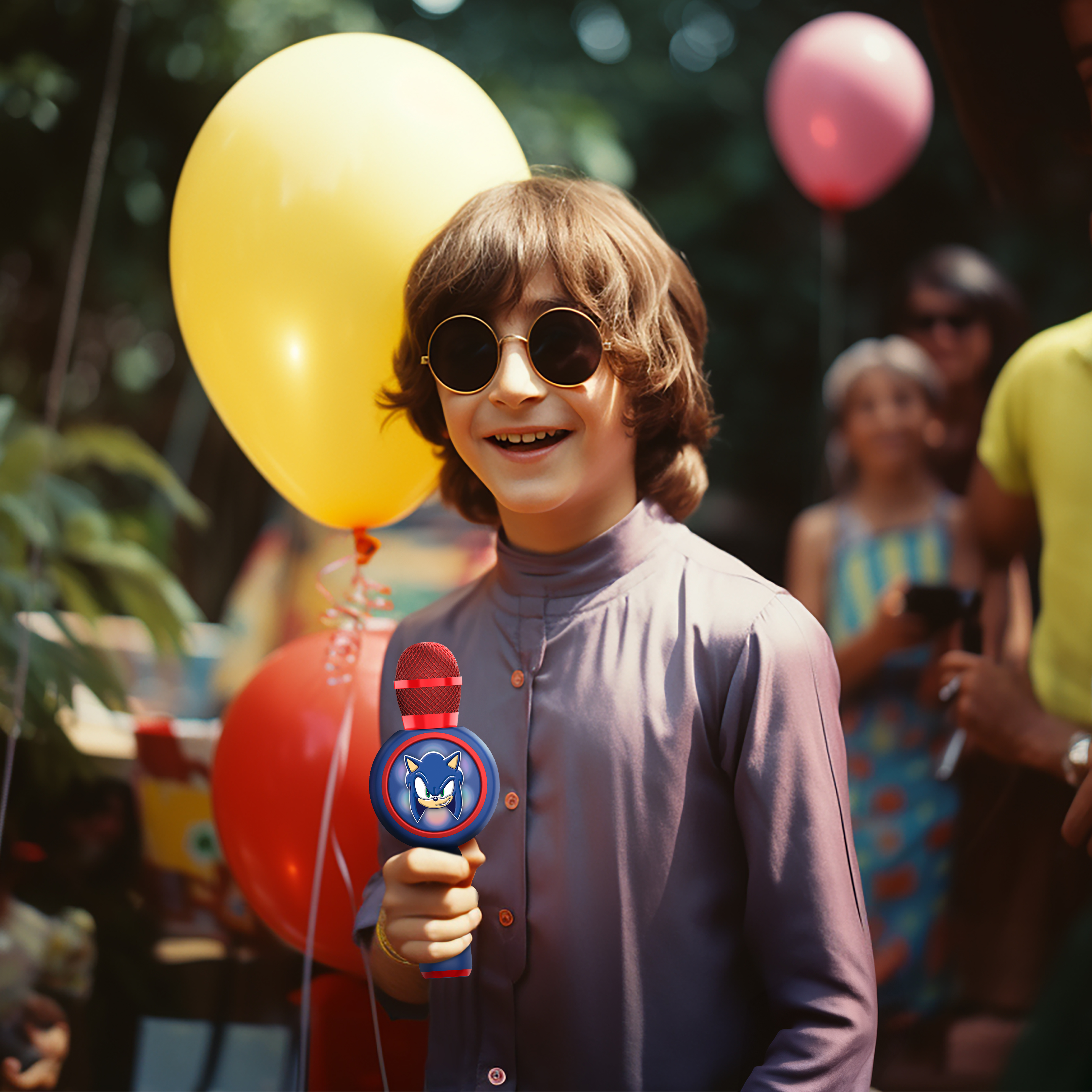 A boy in sunglasses holds a Sonic microphone. Yellow and red balloons are in the background.