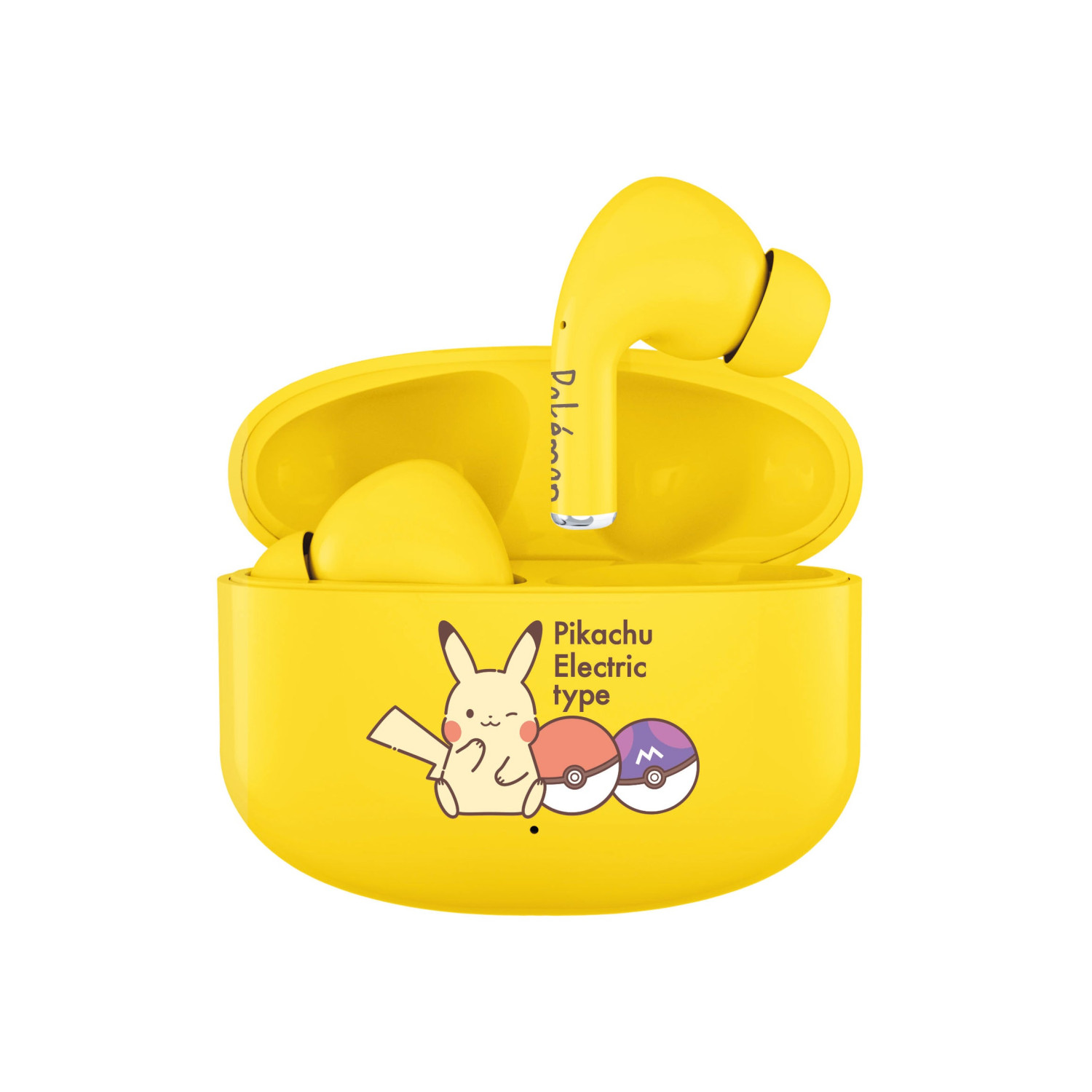 Auricolari gialli Pokémon con Pikachu e Poké Ball sulla custodia.