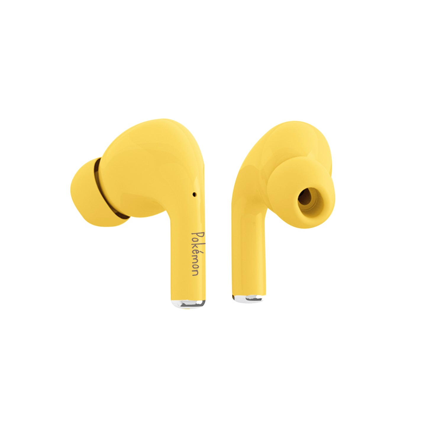 Due auricolari gialli Pokémon con accenti argentati, sfondo bianco.