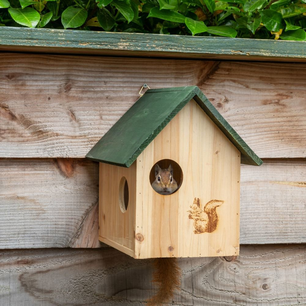 Een chipmunk kijkt uit een vogelhuisje. Een eekhoorn afbeelding op het hout.