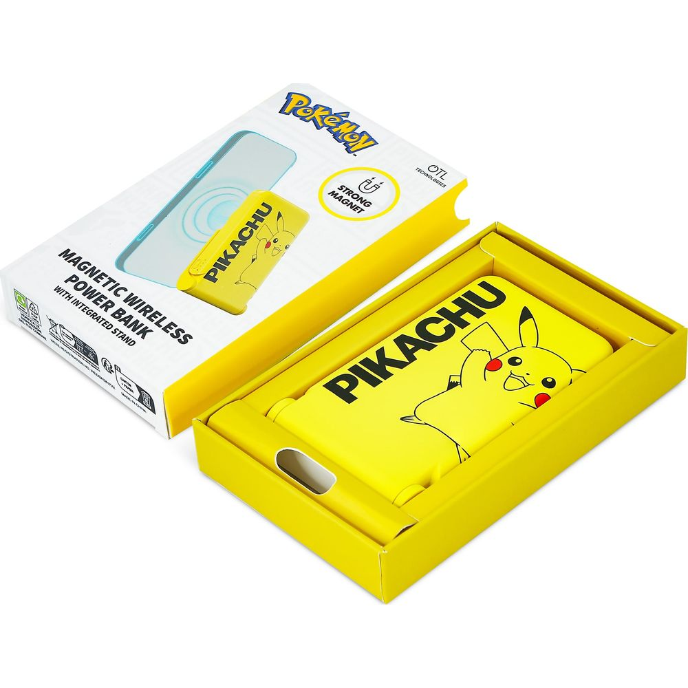 Une batterie externe sans fil magnétique jaune Pikachu avec support intégré.