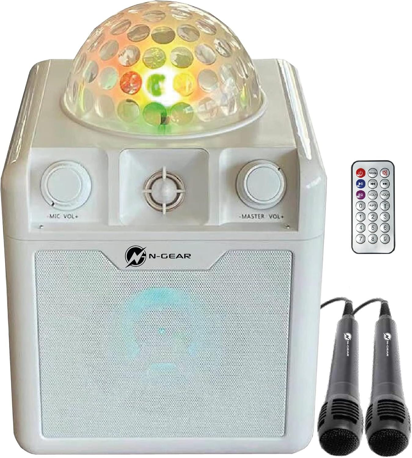Macchina karaoke bianca con luce disco, telecomando e due microfoni.