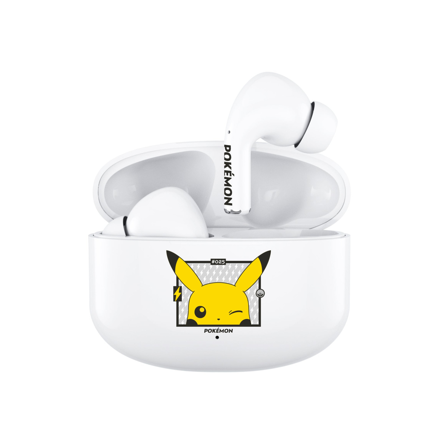 Auricolari wireless bianchi con design Pikachu e logo Pokémon.