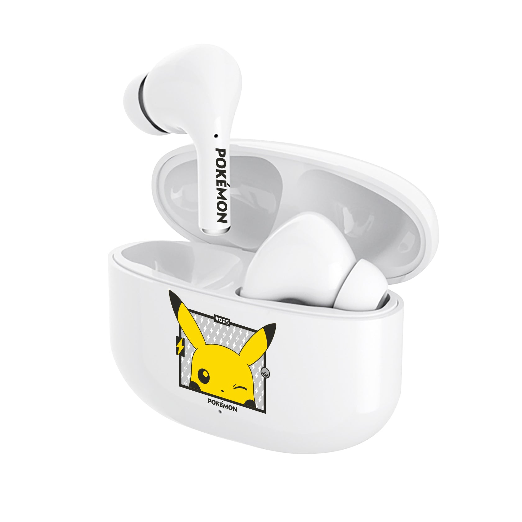 Auricolari bianchi con design Pikachu in custodia di ricarica aperta. Testo Pokémon sull'auricolare.