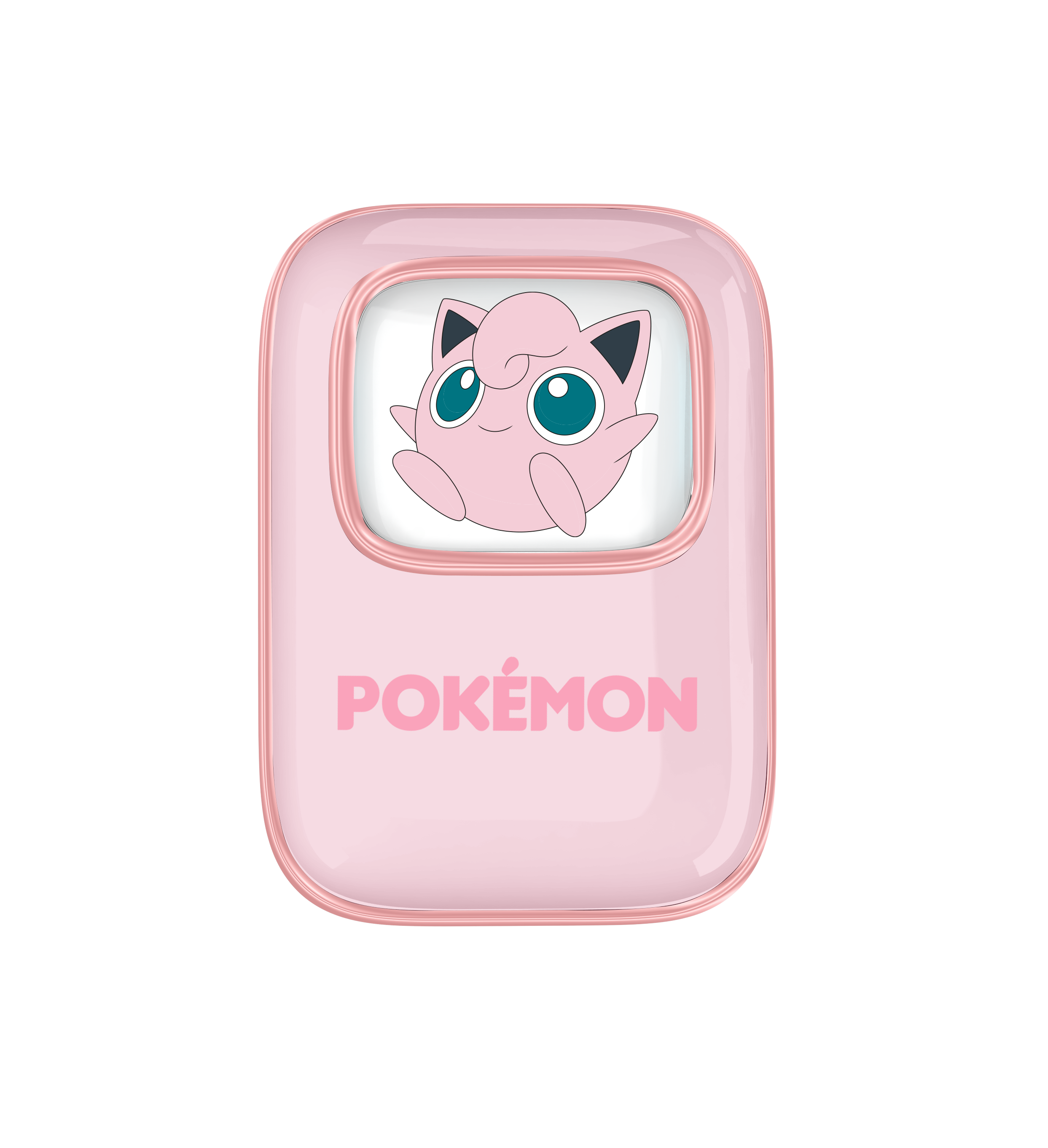 Een roze Pokémon-apparaat met Jigglypuff op het scherm en het woord POKÉMON.
