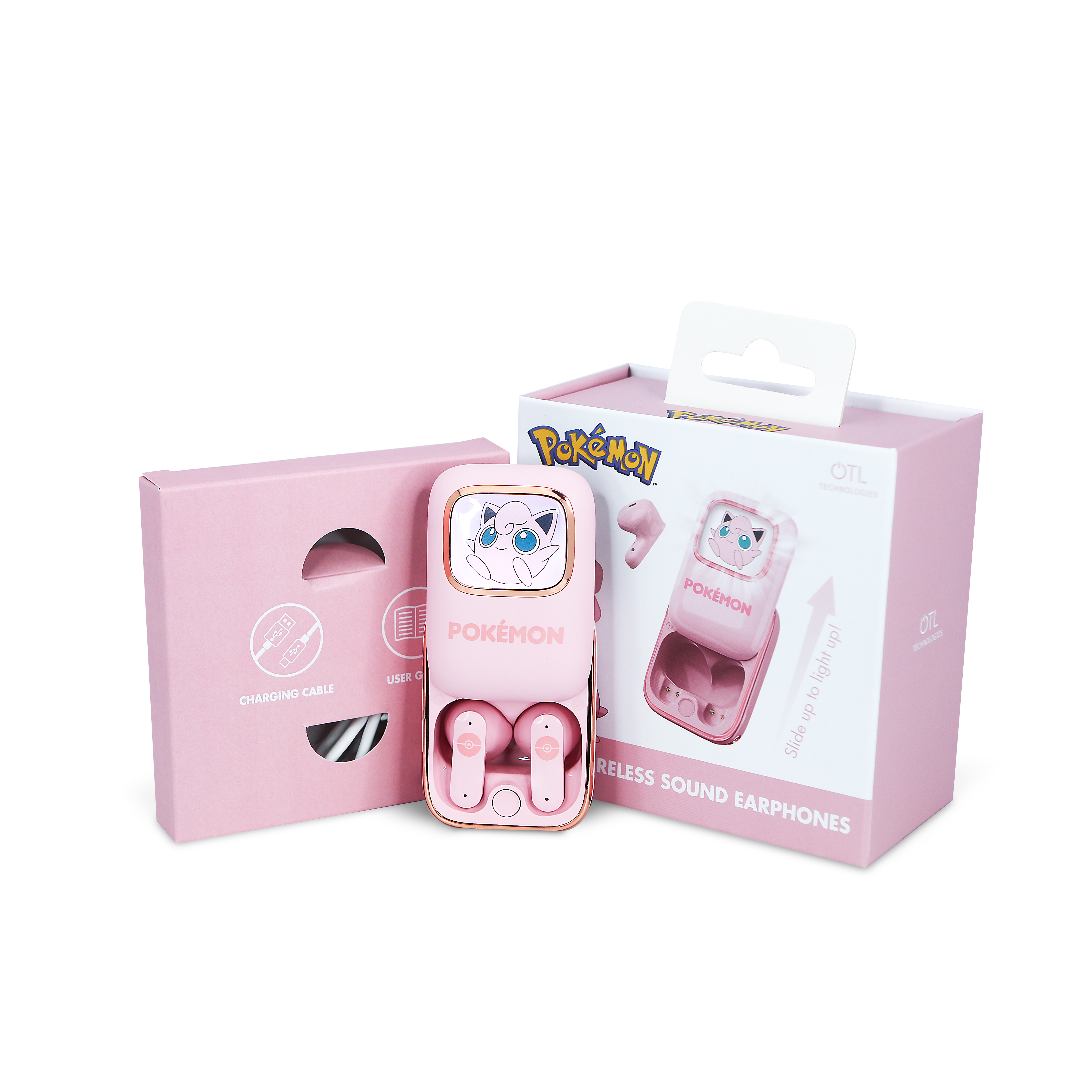 Roze Pokémon draadloze oordopjes met Jigglypuff-design in verpakking.