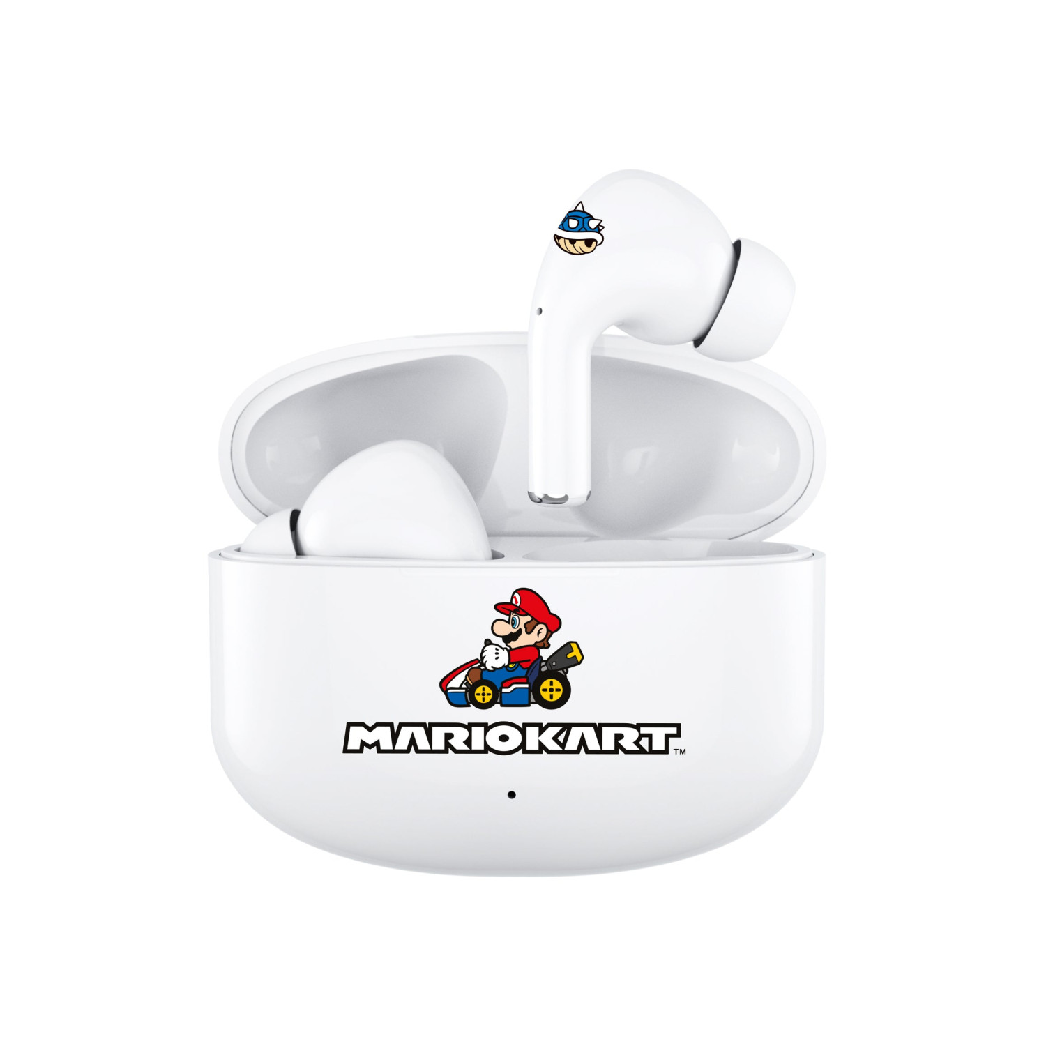 Auricolari wireless bianchi con design Mario Kart: Mario e un Koopa blu su un auricolare.