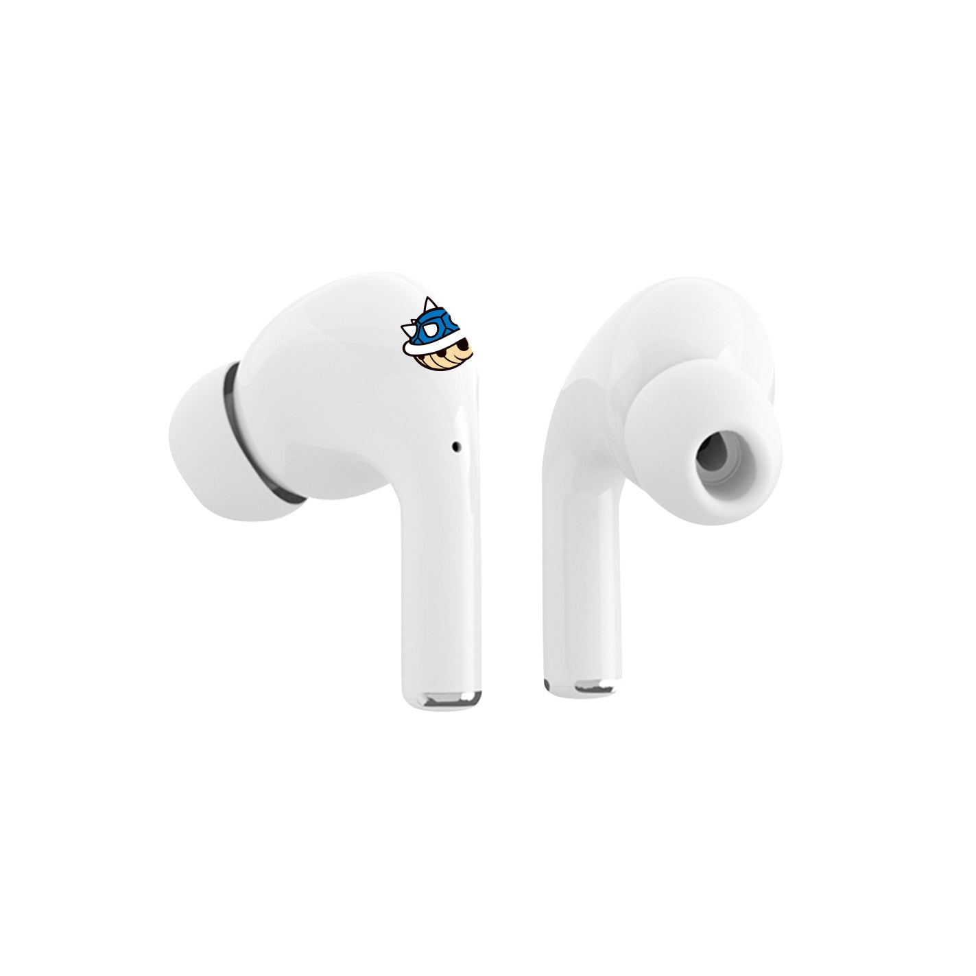 Due auricolari wireless bianchi con adesivo a guscio di Koopa blu su quello sinistro.