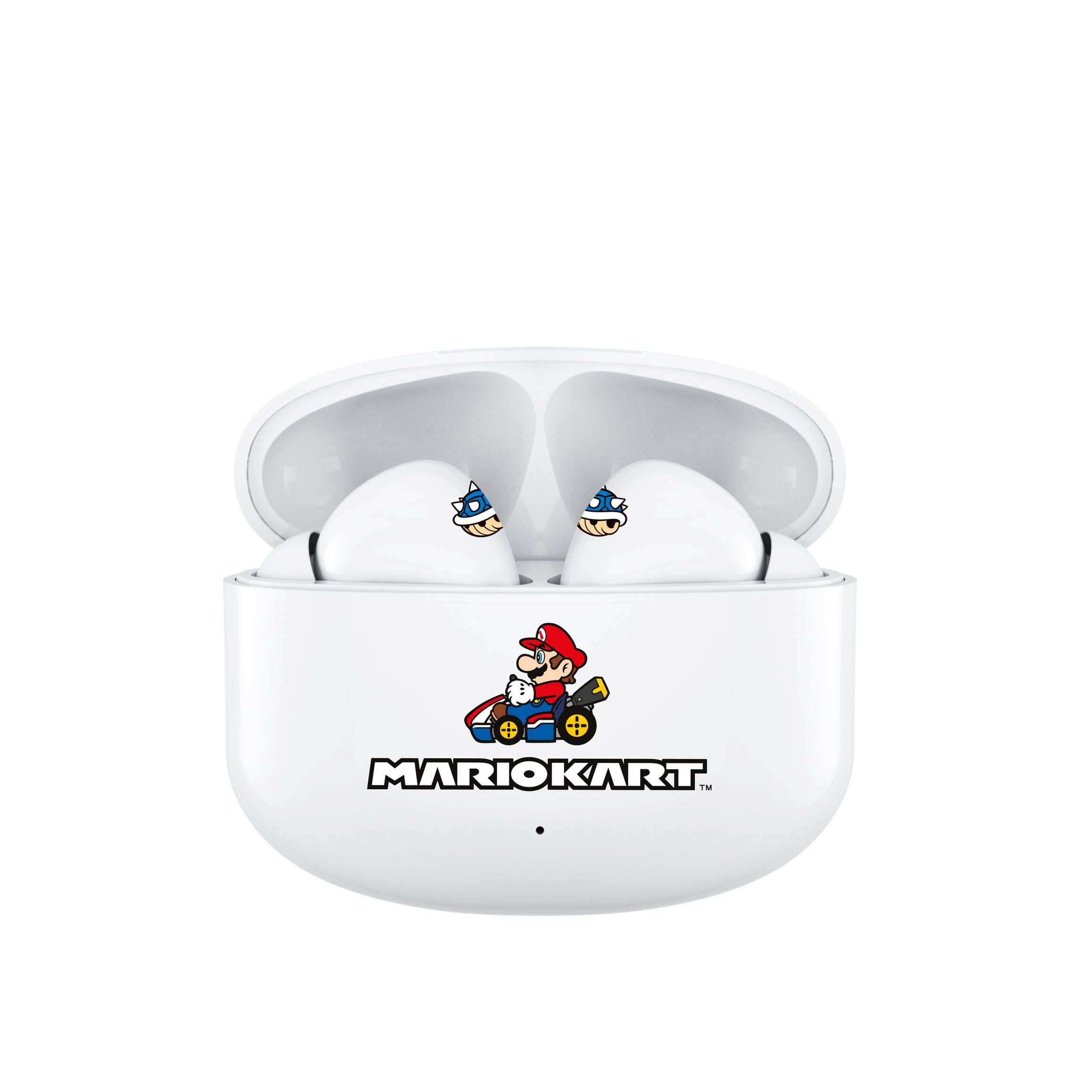 Custodia bianca per auricolari con marchio Mario Kart e personaggi.