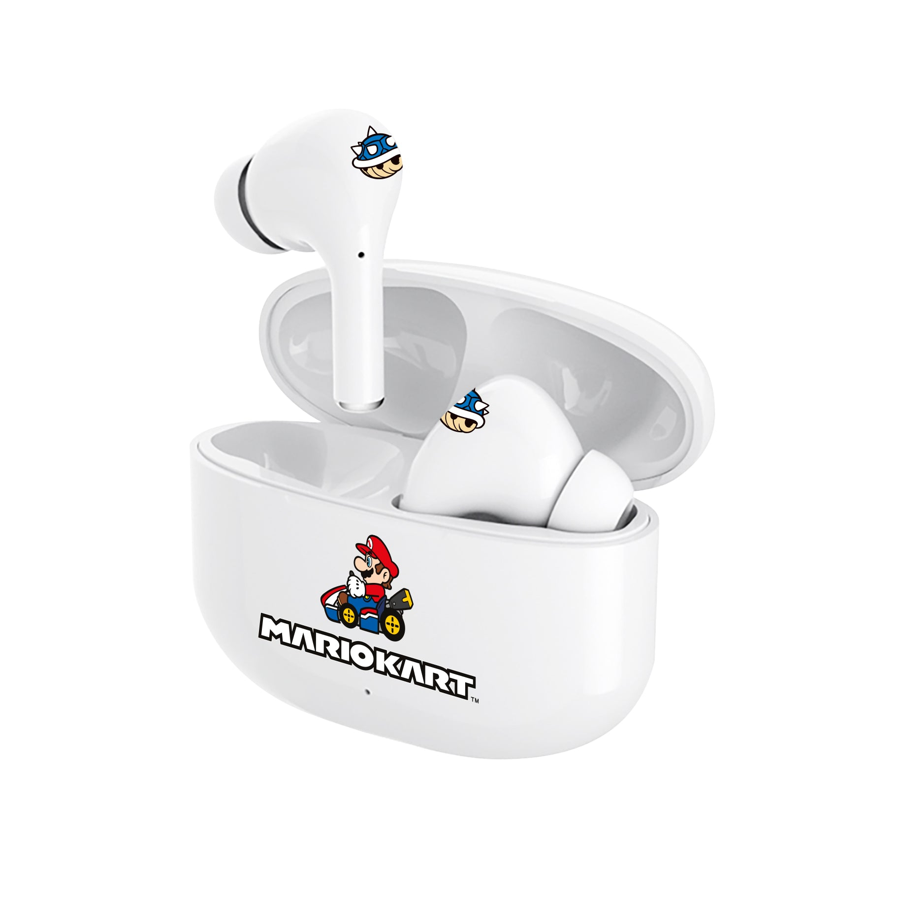 Auricolari bianchi con design Mario Kart. Mario guida sulla custodia di ricarica.