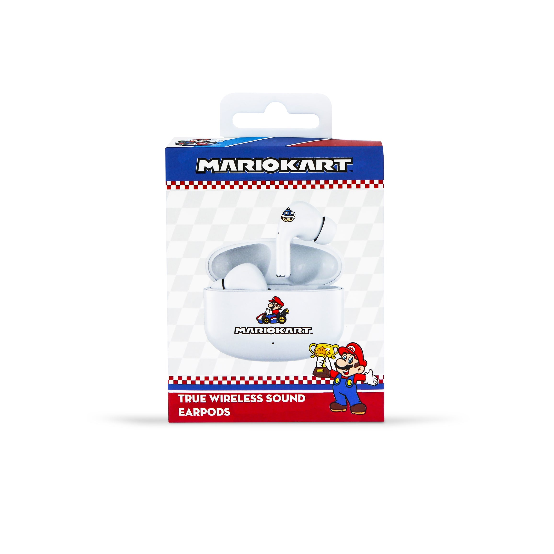 Confezione Mario Kart con auricolari bianchi e grafica di Mario.
