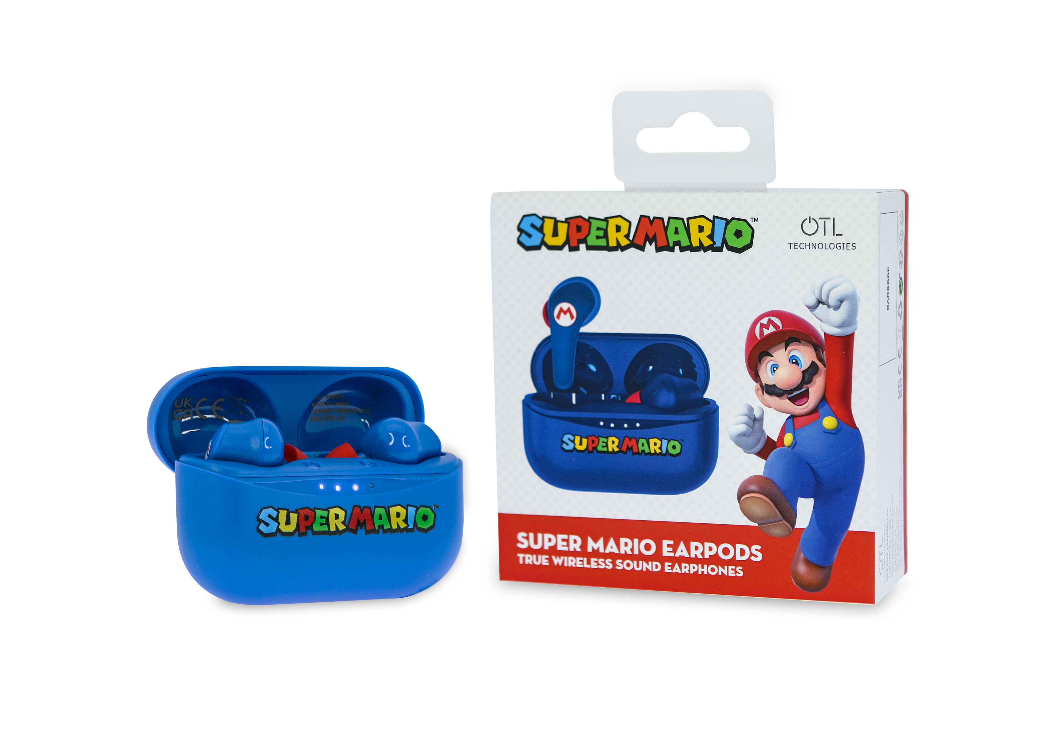 Blaue Super Mario Kopfhörer im Etui und Verpackung mit Mario.