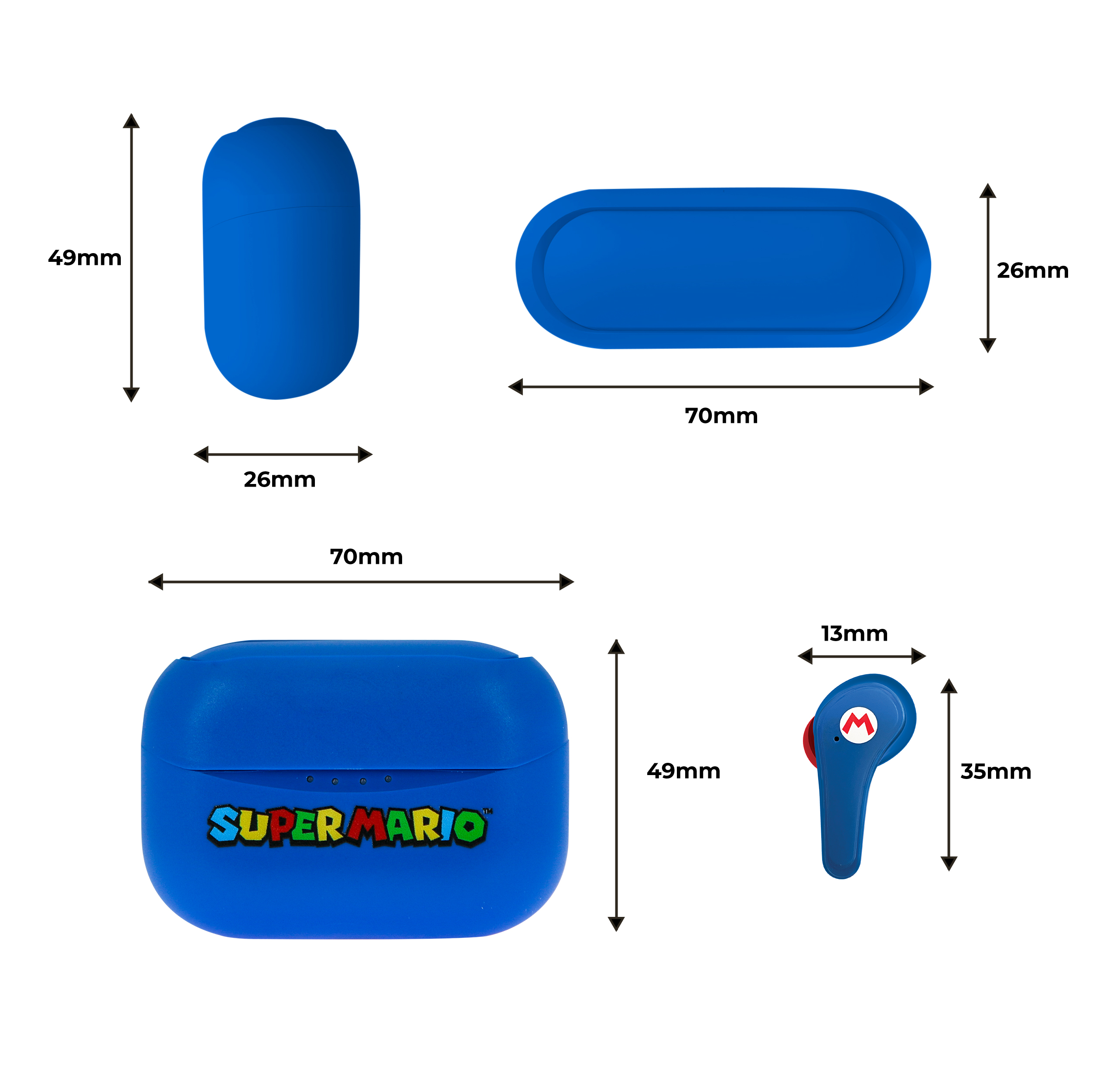 Blaue Super Mario Ohrhörerhülle und ein Ohrhörer mit Maßen.