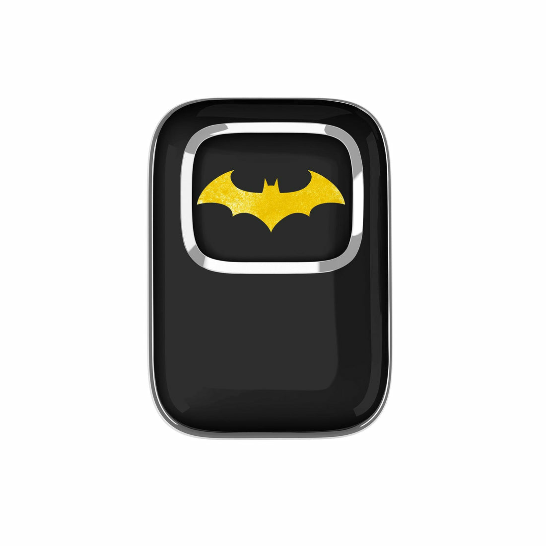 Een zwart object met een geel Batman-symbool en zilveren rand.