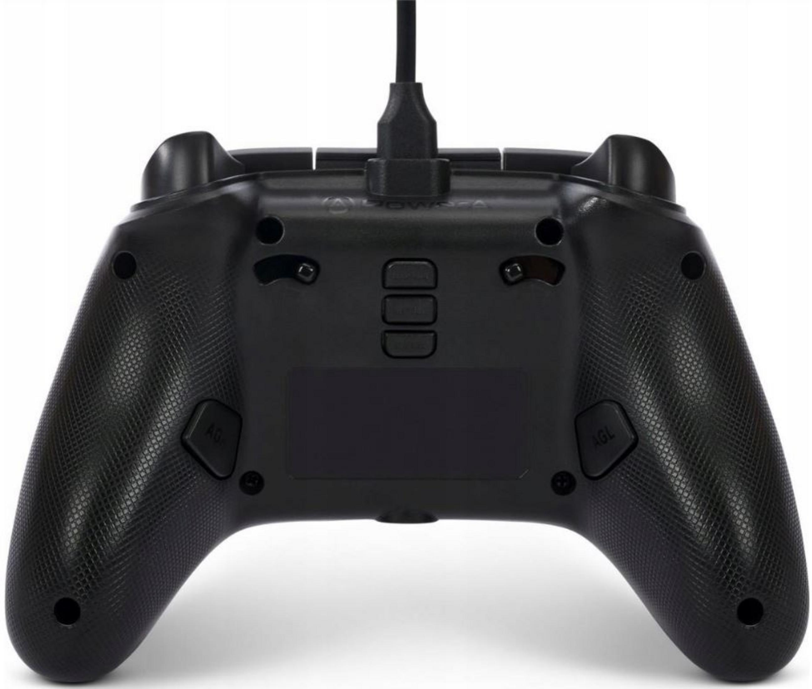 Vista posteriore di un controller nero con cavo e impugnature testurizzate.