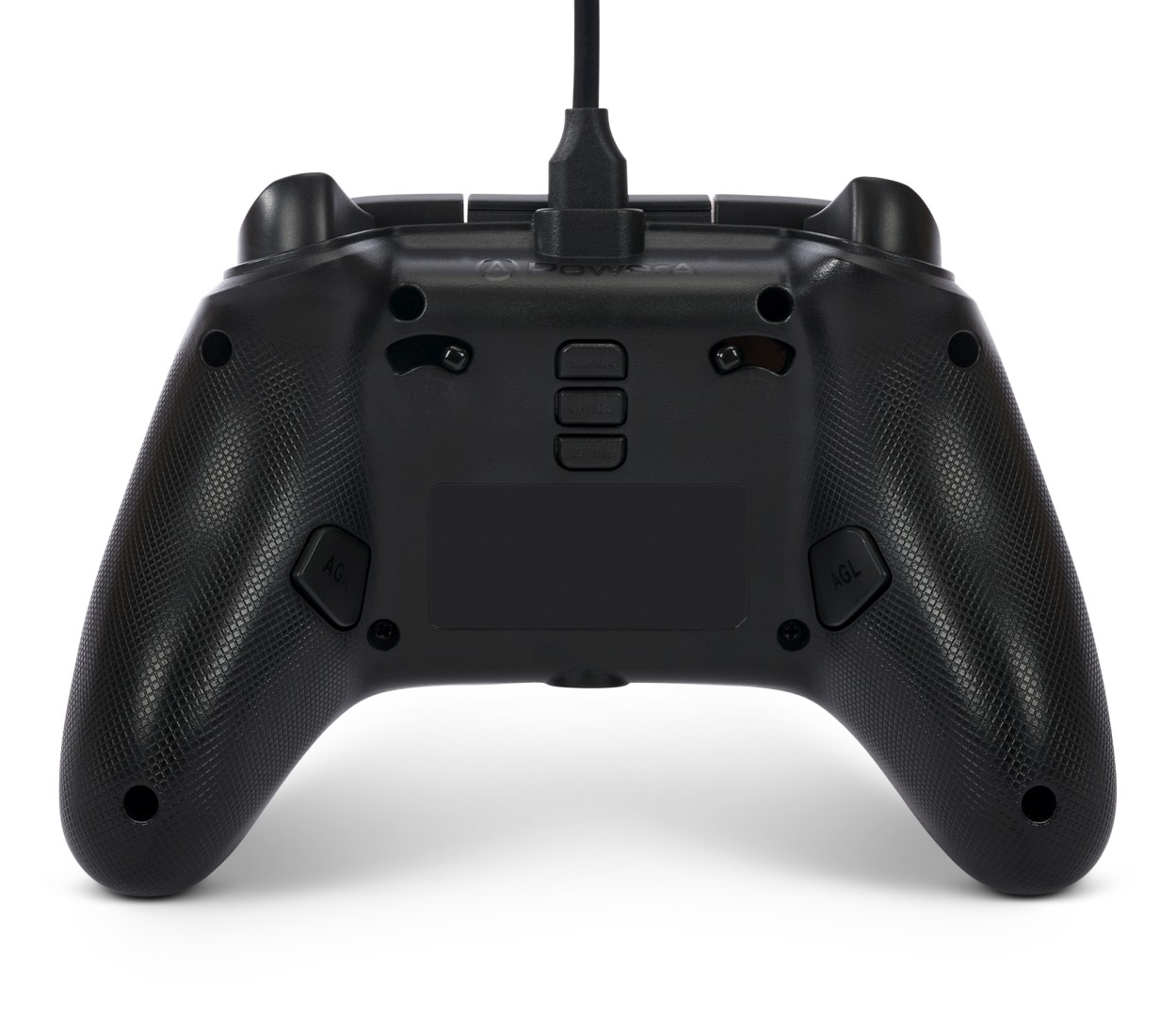 Retro di un controller nero con cavo e tre pulsanti.