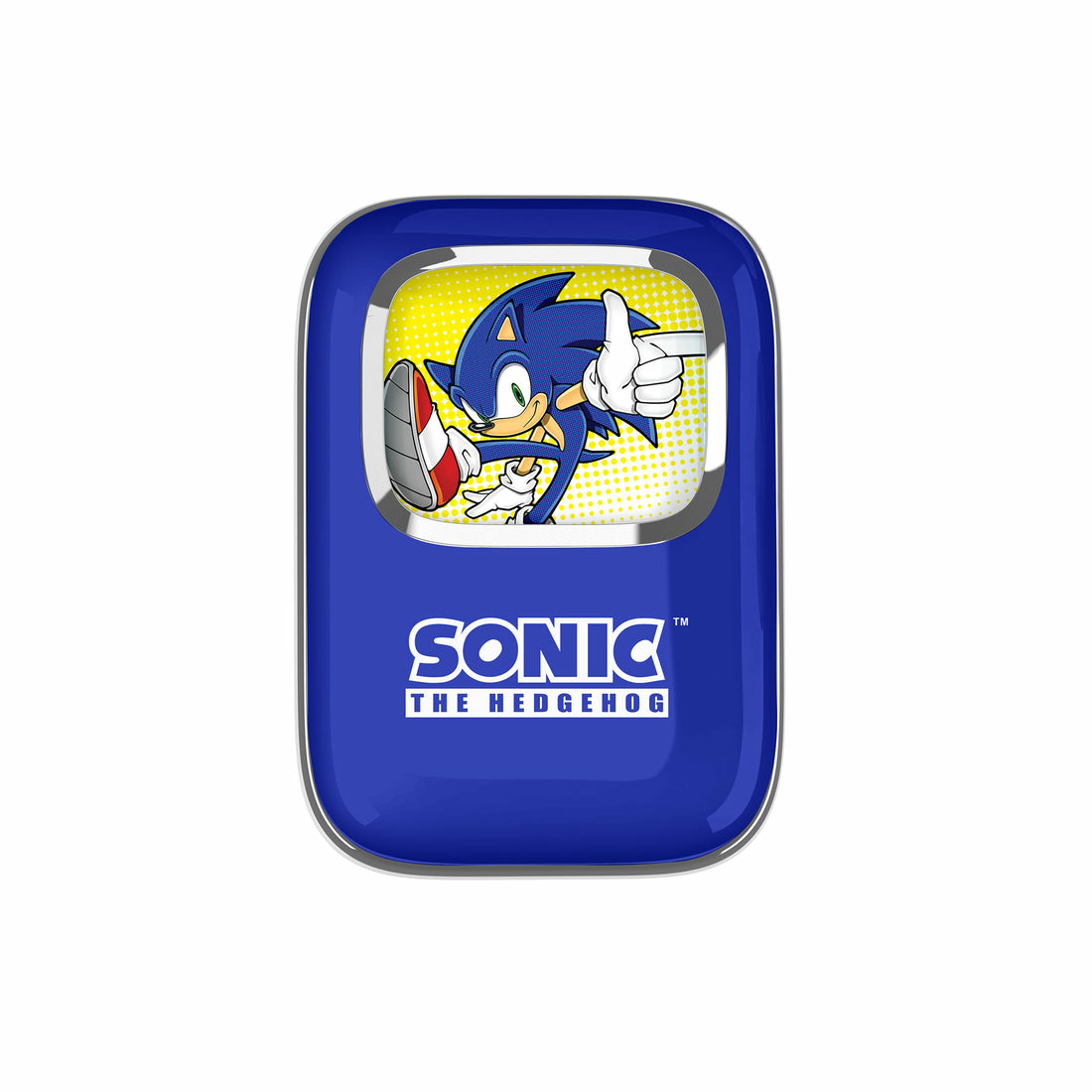 Een blauwe Sonic the Hedgehog met een duim omhoog op een blauwe hoes.
