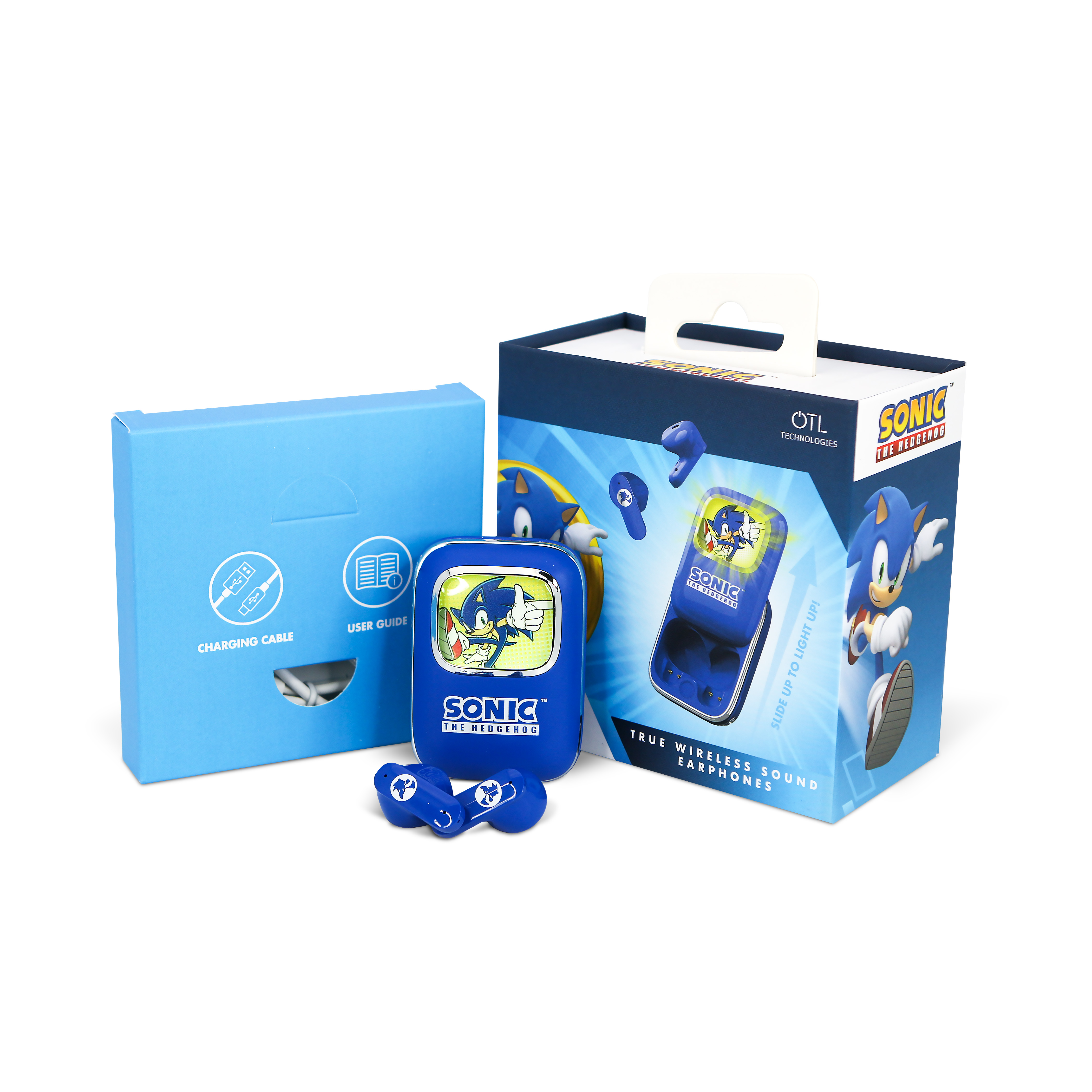 Sonic the Hedgehog draadloze oordopjes met oplaadcase en kabel.