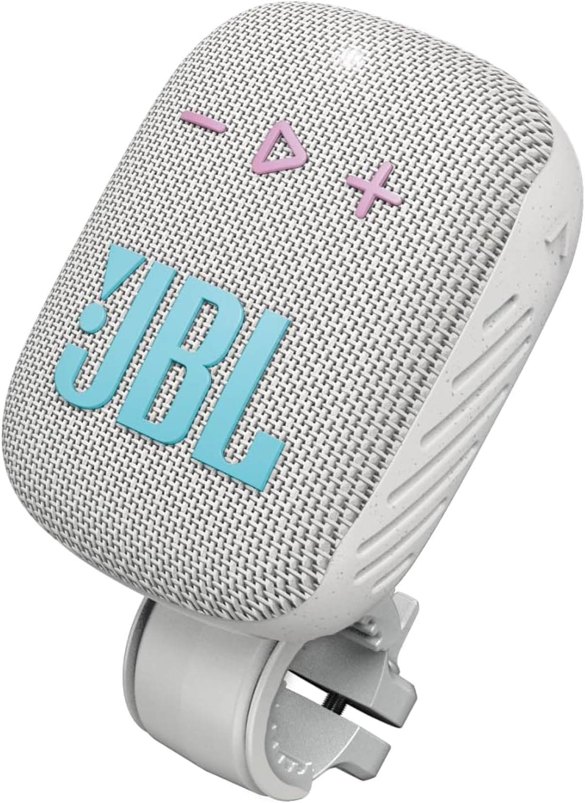 Altoparlante JBL bianco con logo blu e pulsanti rosa su sfondo bianco.