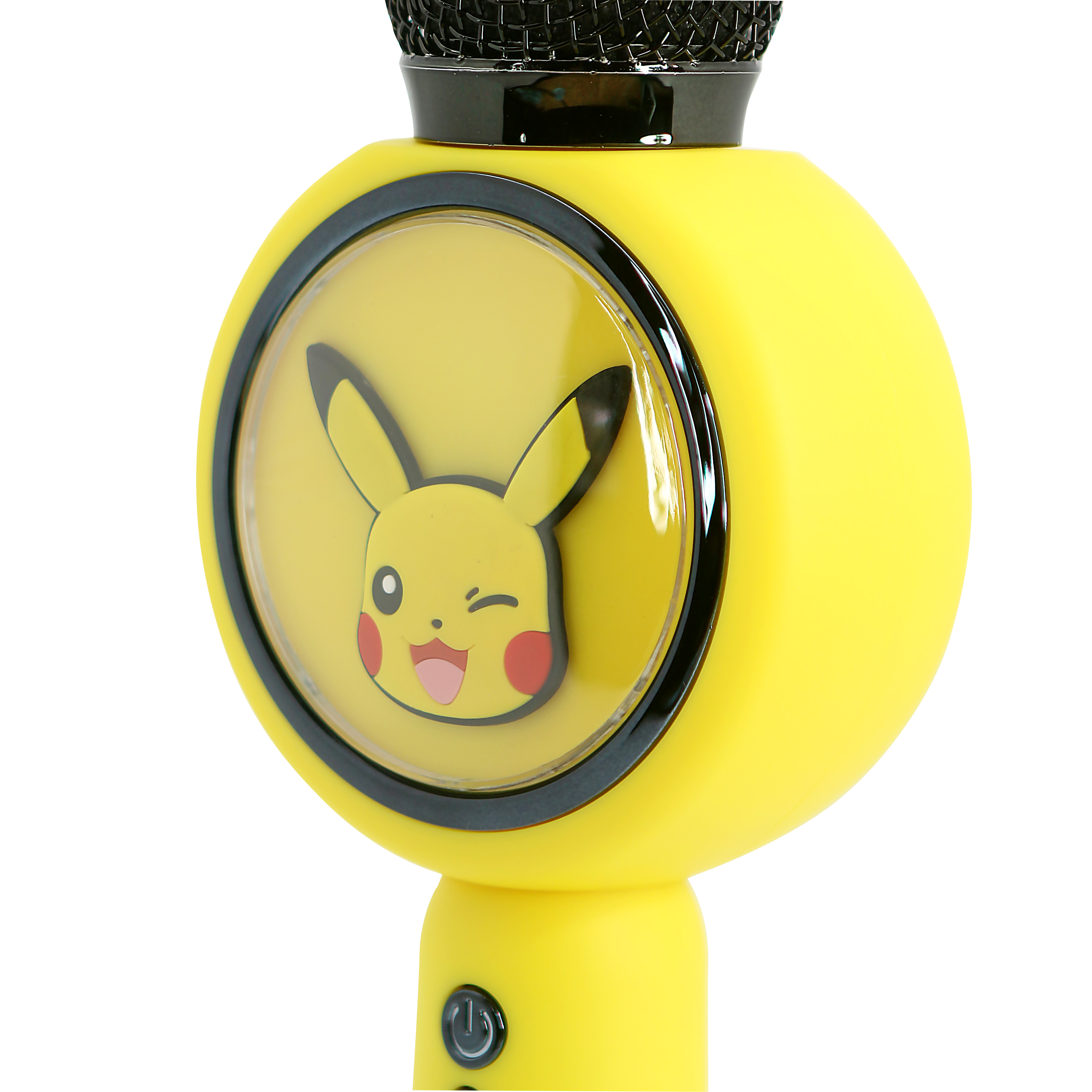 A yellow microphone featuring a Pikachu face and black mesh at the top. A button is visible.