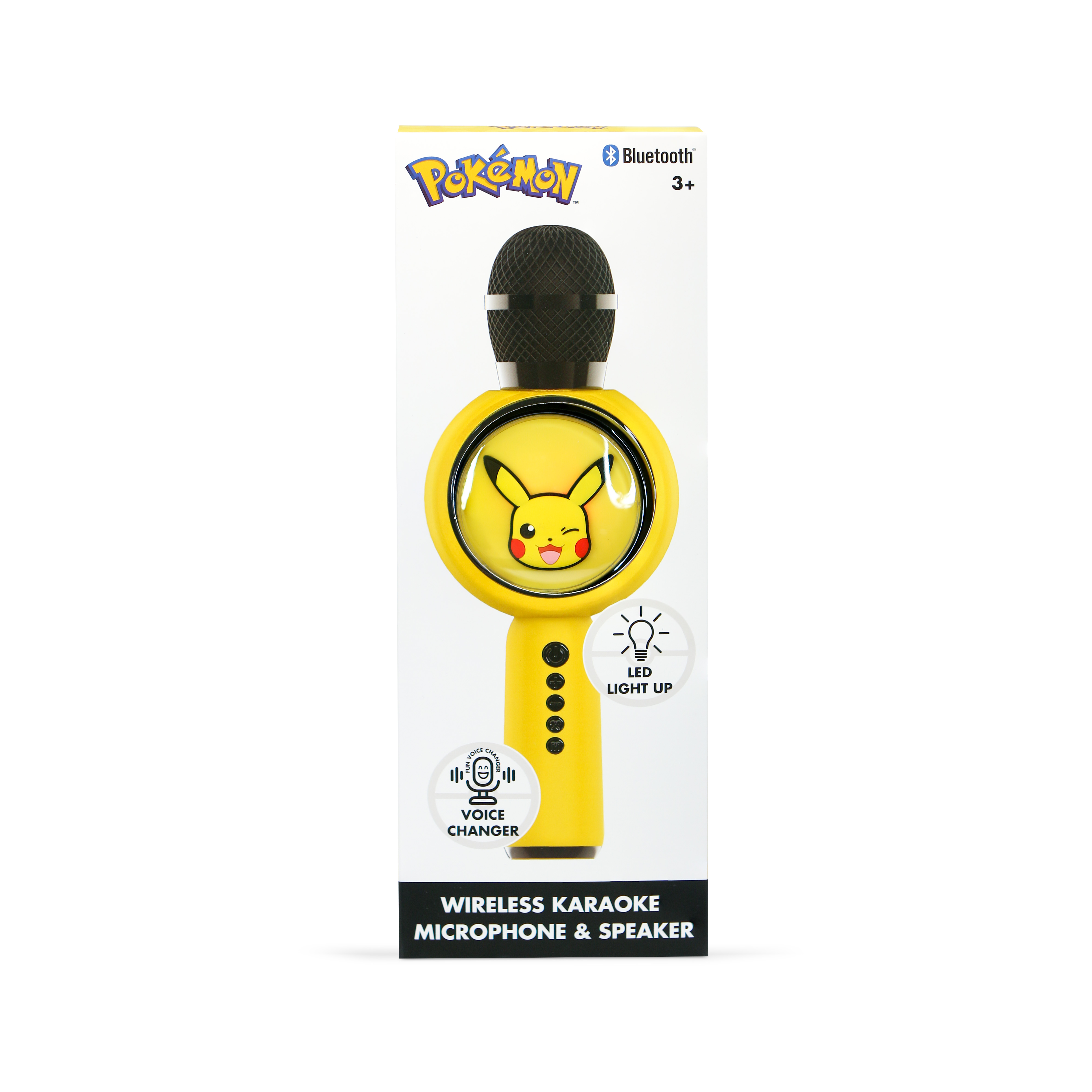 A yellow Pokemon microphone featuring Pikachu, Bluetooth, and LED light-up.