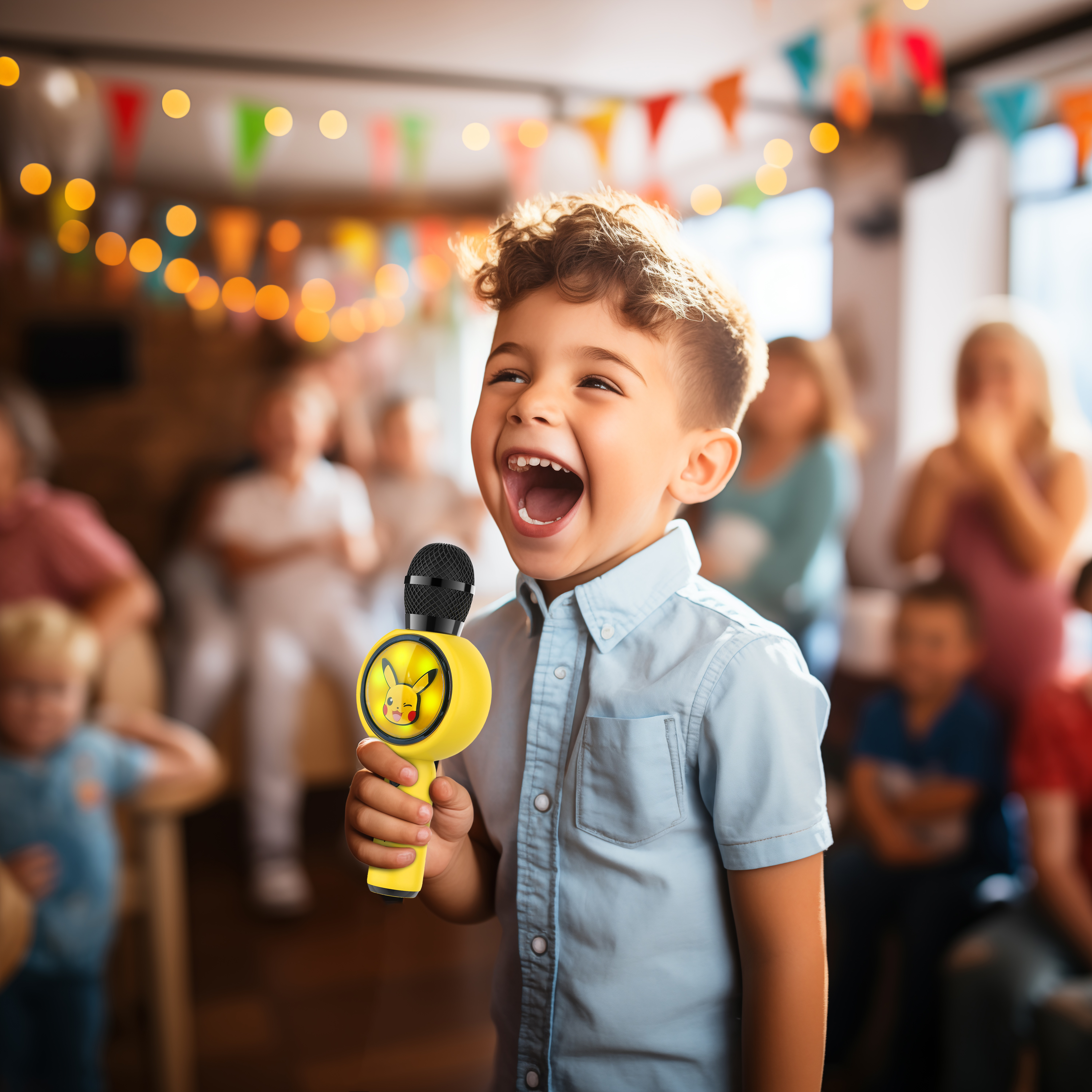 A boy sings into a yellow microphone featuring Pikachu.