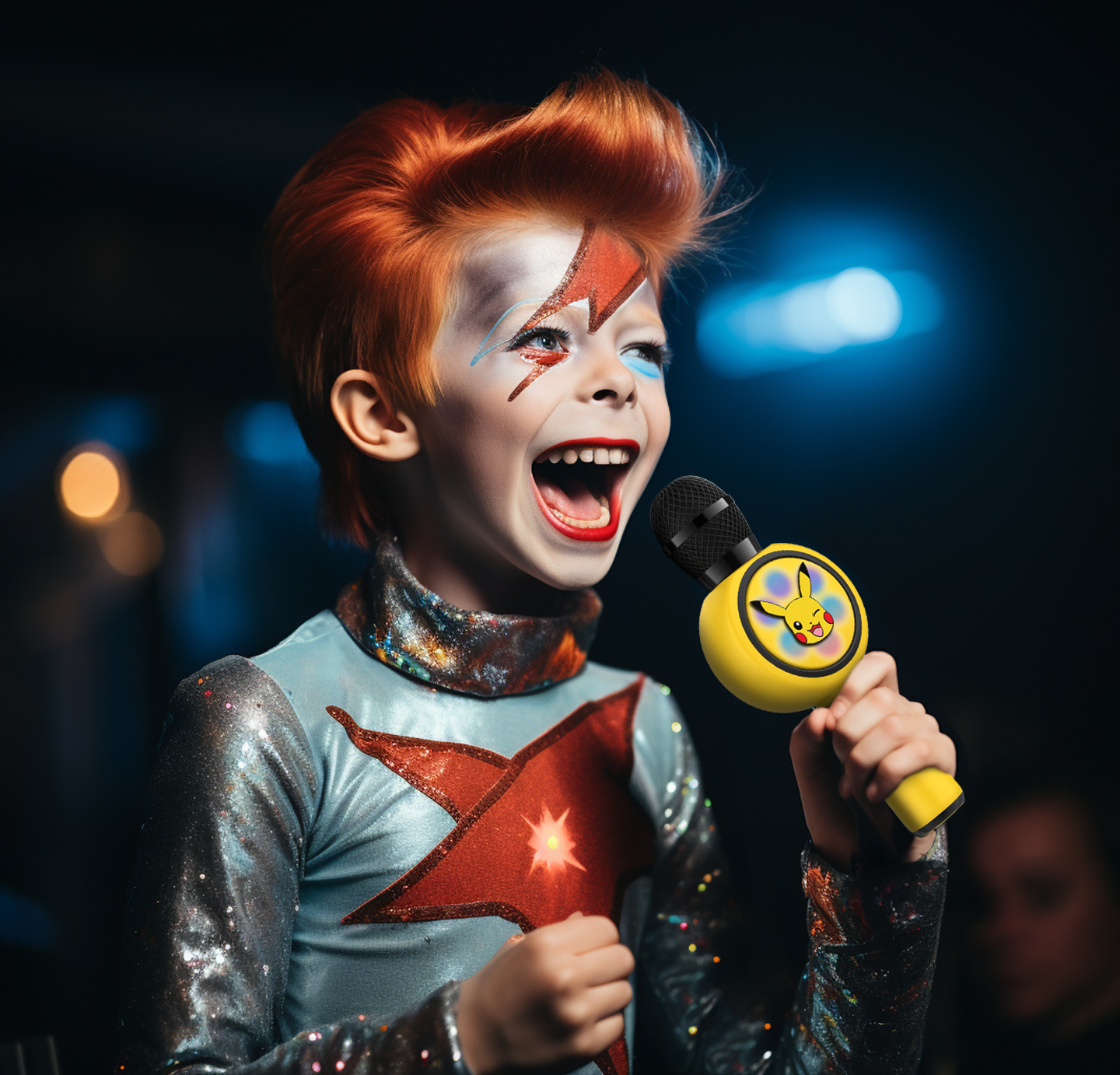 Child with red hair, Ziggy Stardust makeup, and Pikachu microphone singing.
