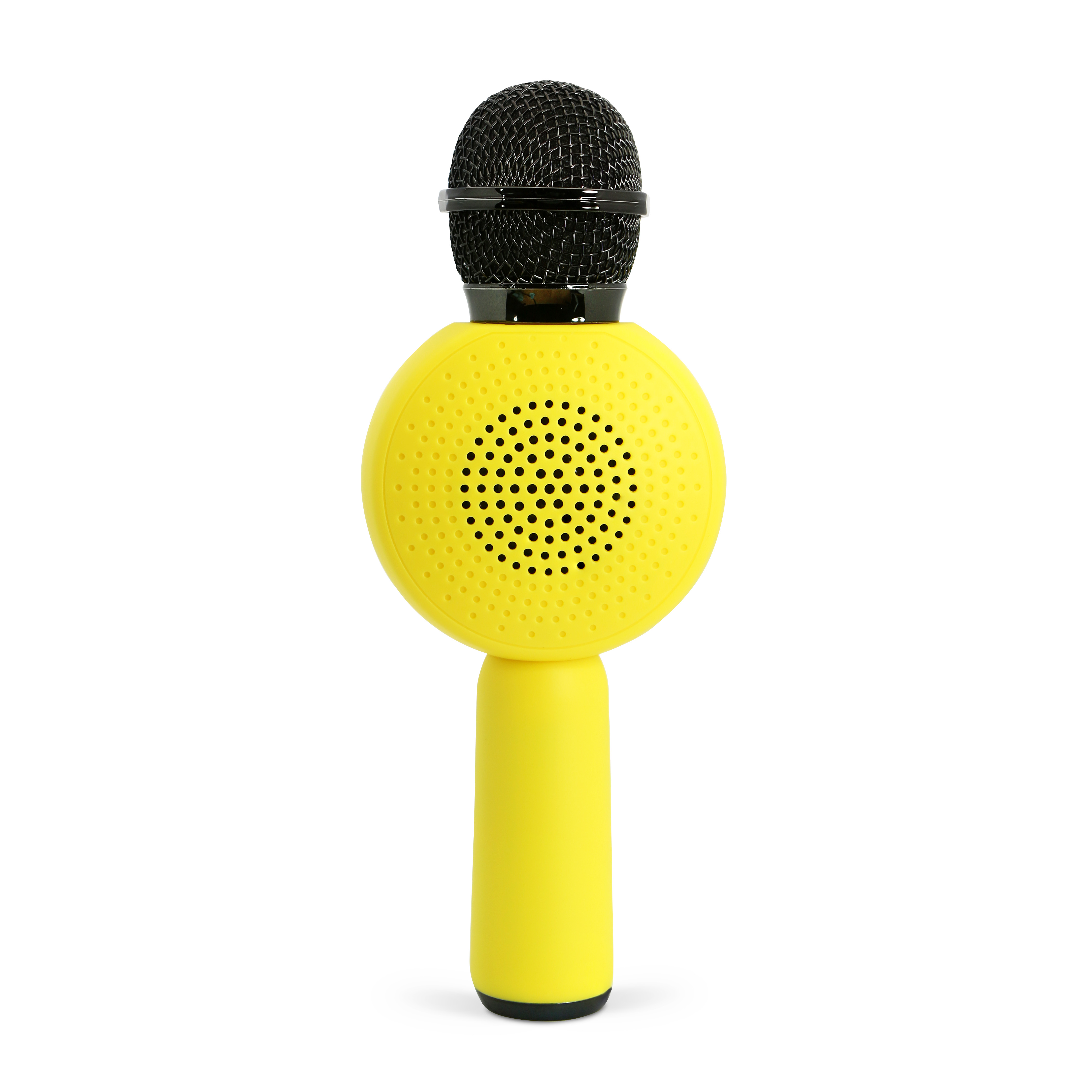 A yellow microphone with a black speaker grille and a black microphone head.
