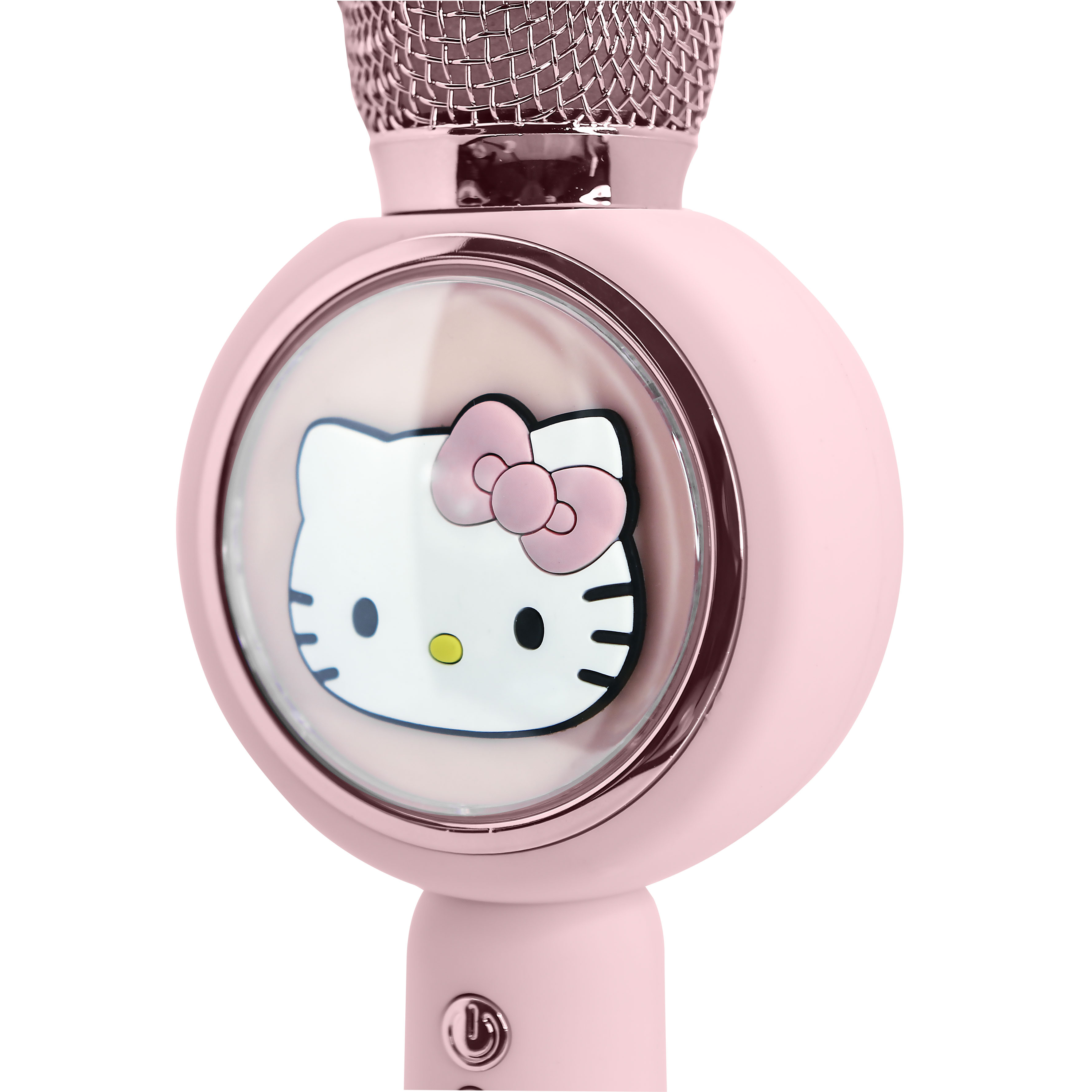 A pink microphone with Hello Kitty design and silver grille. Isolated on white.